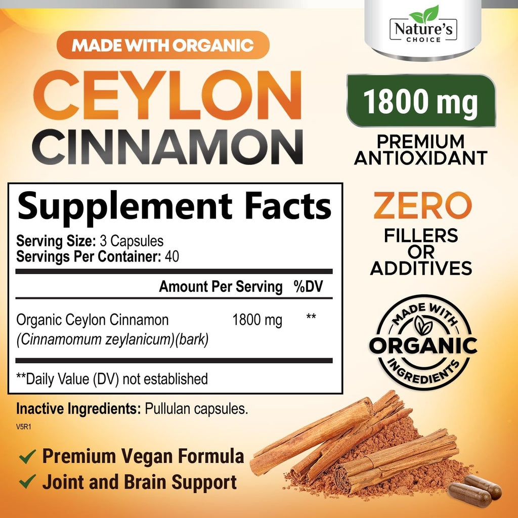 Ceylon Cinnamon Capsules 1800mg - Organic, Non-GMO, Gluten Free | 120 Capsules