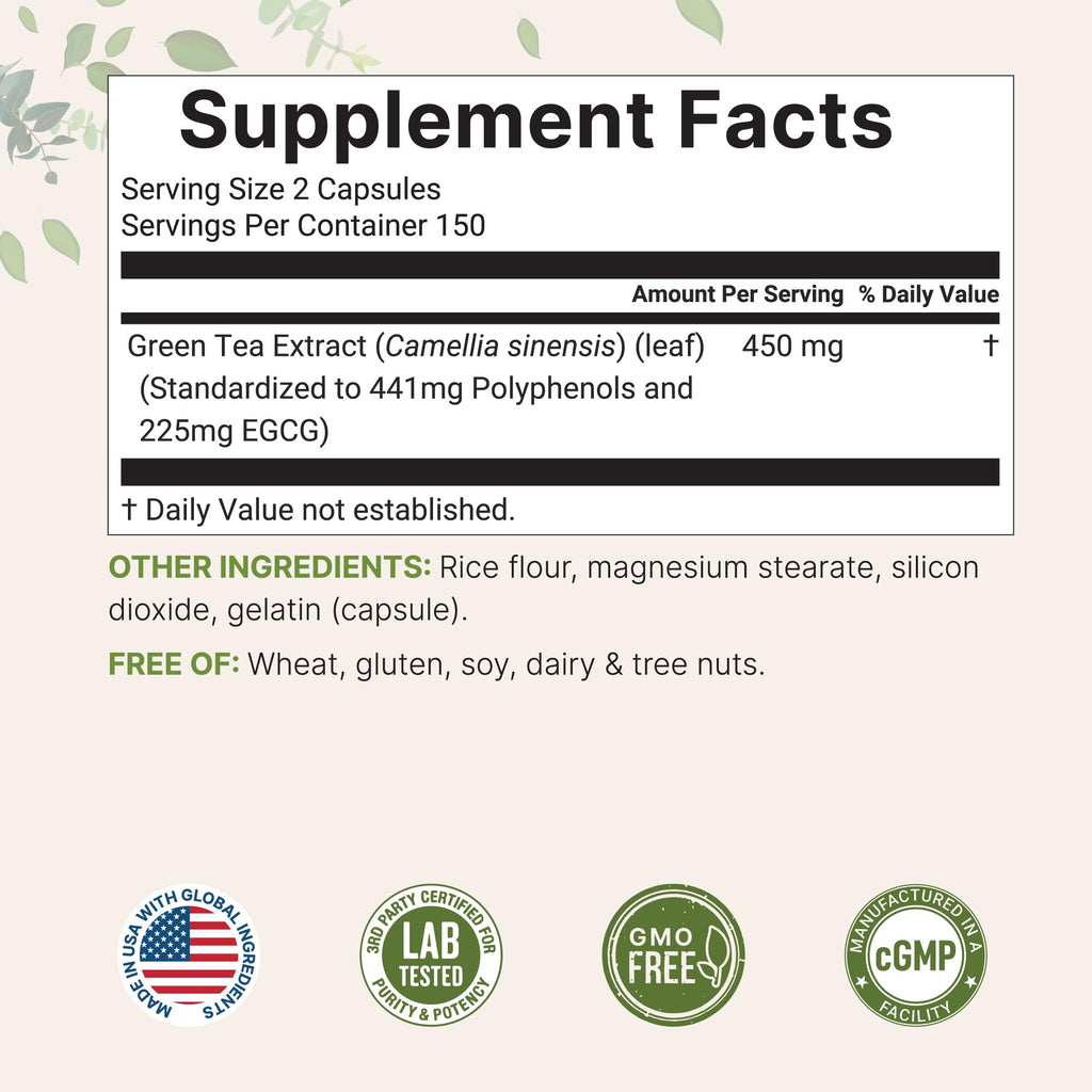 Extra Strength Green Tea Extract - 300 Capsules | 5 Month Supply | 50% EGCG & 98% Polyphenols