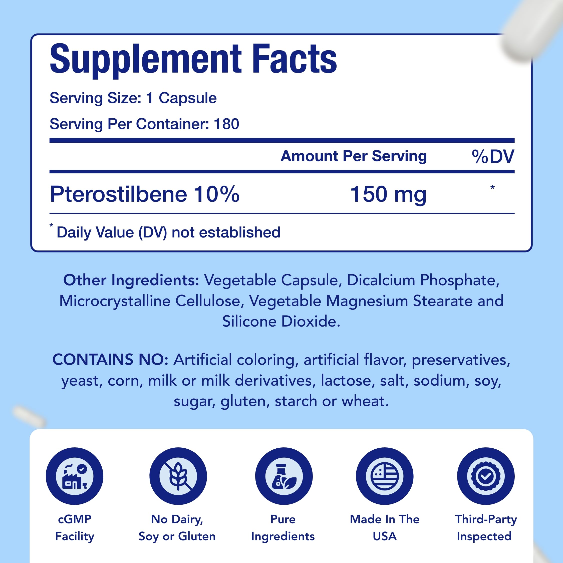 Extra Strength Pterostilbene Supplement – 150mg, Vegan, Made in USA | 180 Day Supply