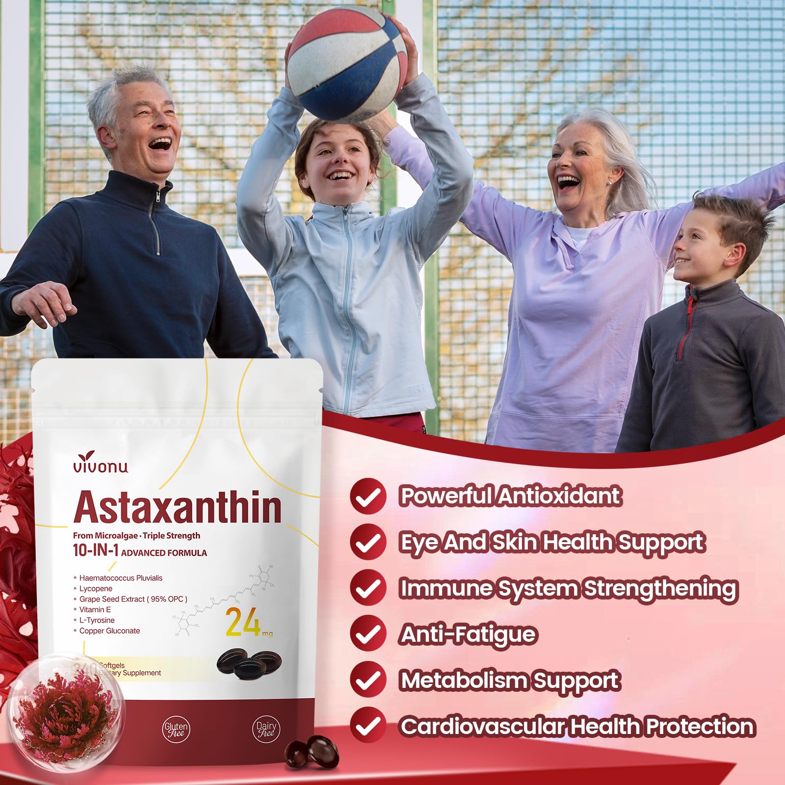 10 in 1 Astaxanthin Supplements 24mg – 4 Month Supply from Haematococcus Pluvialis