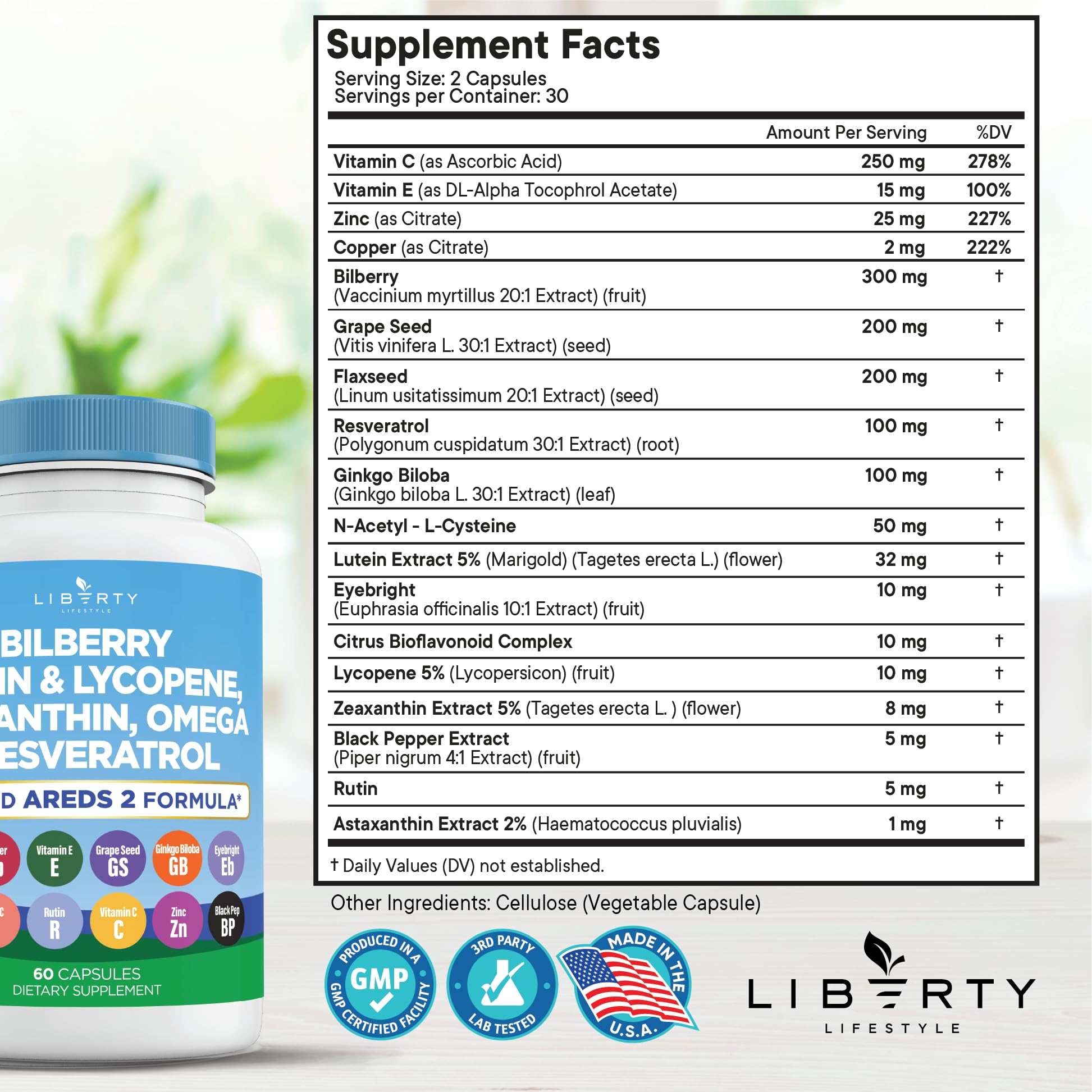 Eye Health Vitamins with Bilberry, Lutein & Zeaxanthin - AREDS2, 180 Caps