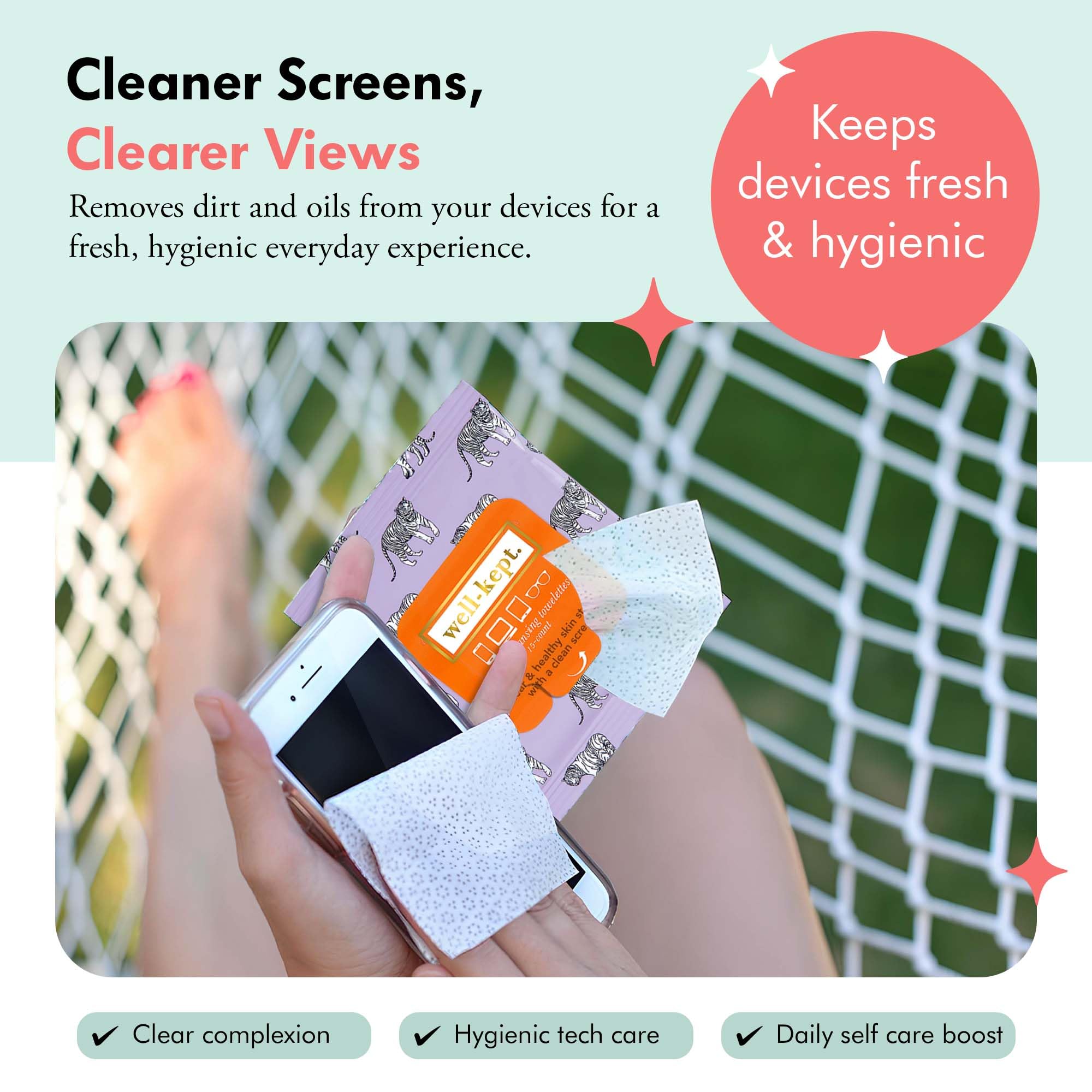 Well-Kept Tech & Lens Wipes - 12 Pack (180 Count) | Eyeglasses, Screens & Phones | Tiger Pose