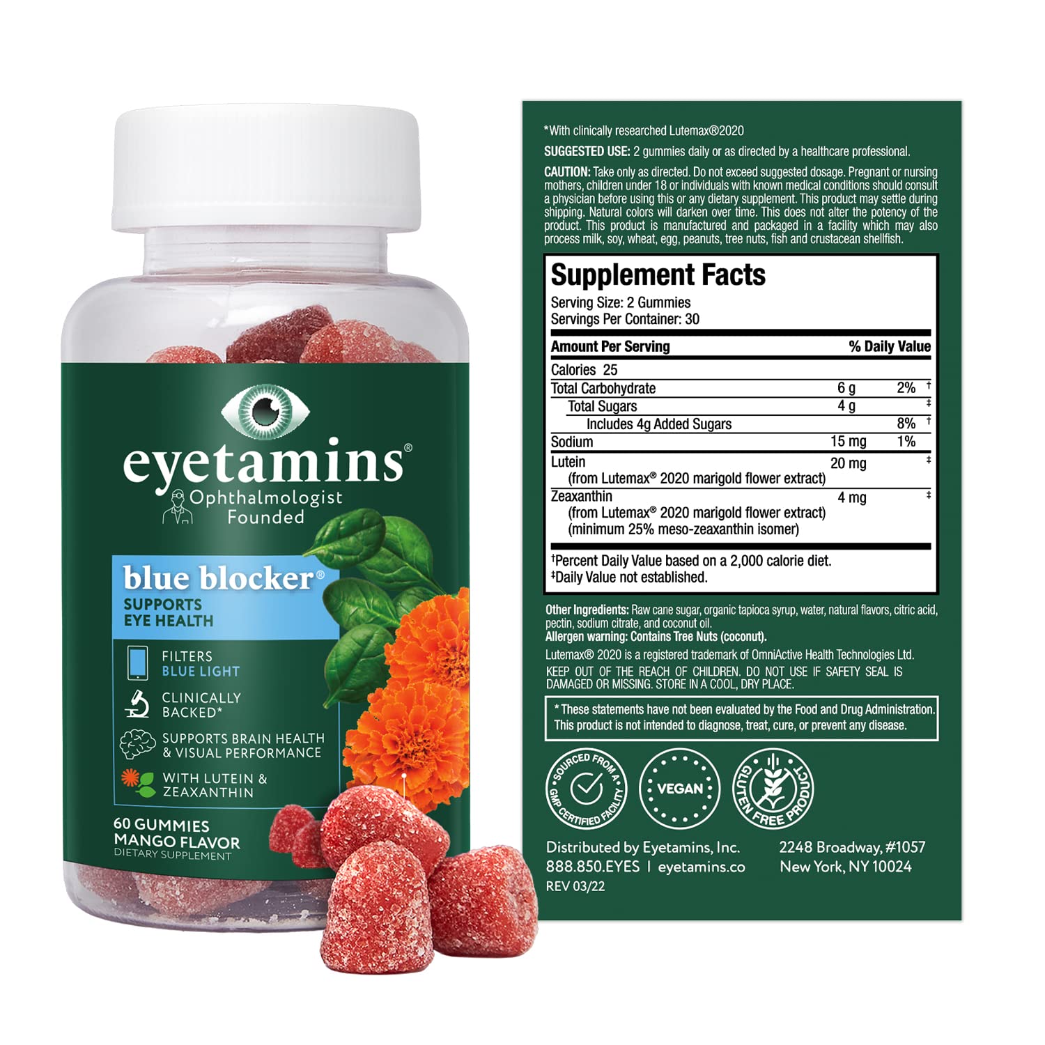 eyetamins Blue Blocker® Eye Health - 60 Lutein Gummies - Ophthalmologist-Developed - Support Vision, Filter Blue Light & Help Eye Strain - Promotes Sleep, Focus Eyesight – Vegan & Non-GMO Formula