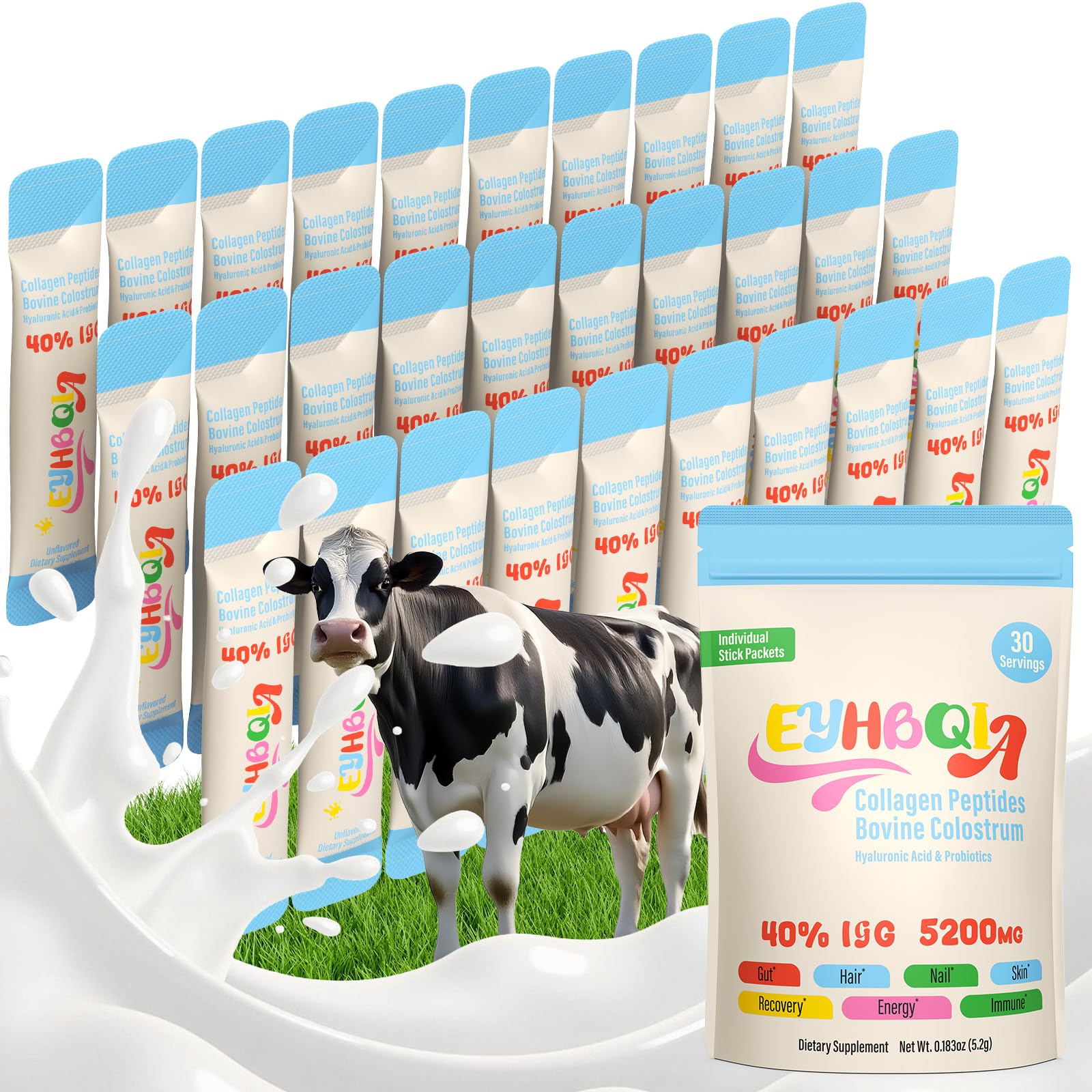 EYHBQIA Collagen & Colostrum Powder with Hyaluronic Acid | Grass-Fed Bovine Colostrum Supplement, 30 Servings