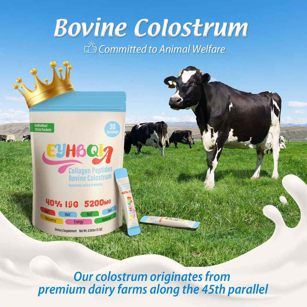 EYHBQIA Collagen & Colostrum Powder with Hyaluronic Acid | Grass-Fed Bovine Colostrum Supplement, 30 Servings