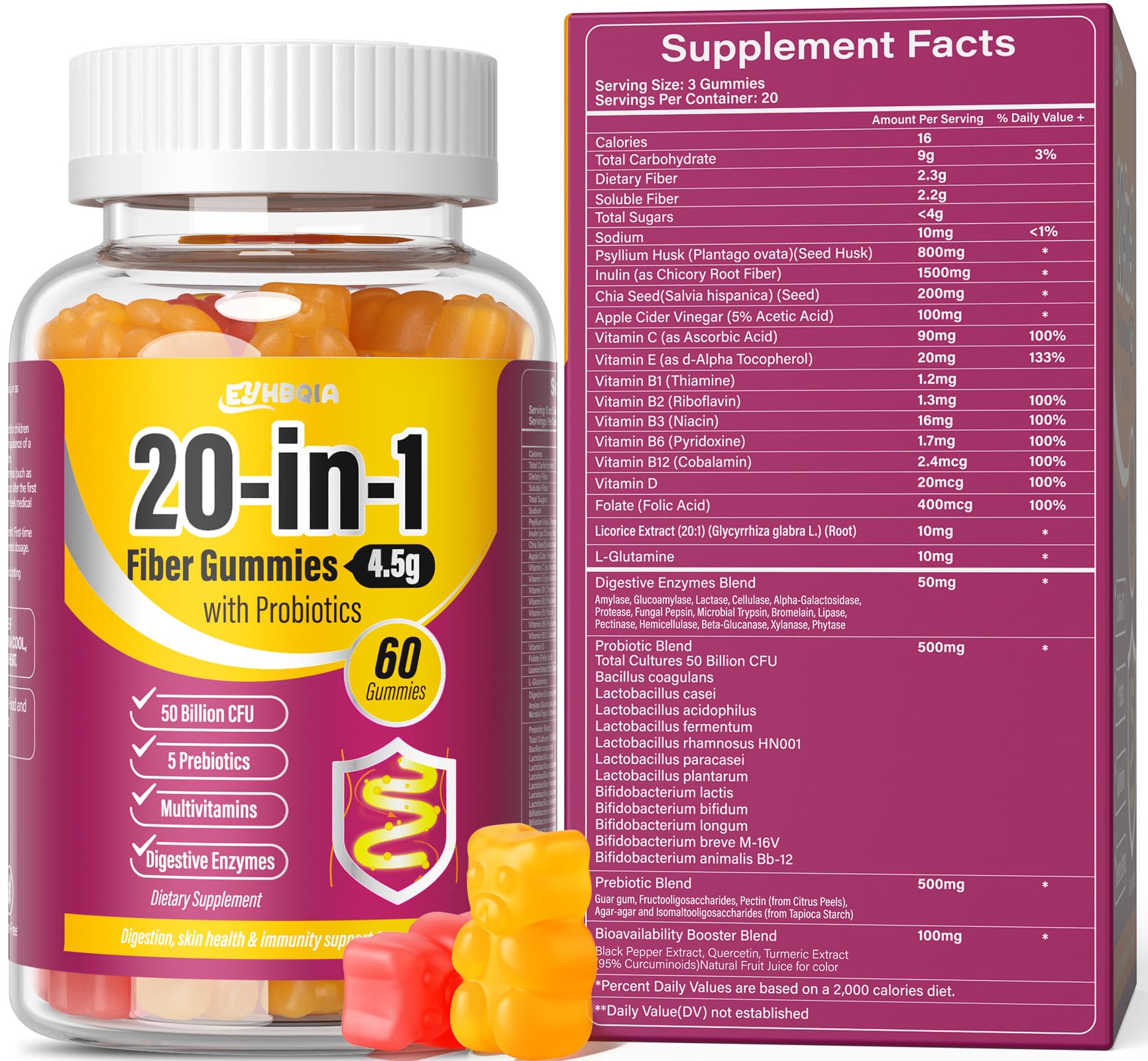 EYHBQIA Fiber Gummies for Women – 9-in-1 Prebiotic Fiber, Probiotics & Vitamins | Sugar-Free Keto Digestive Support