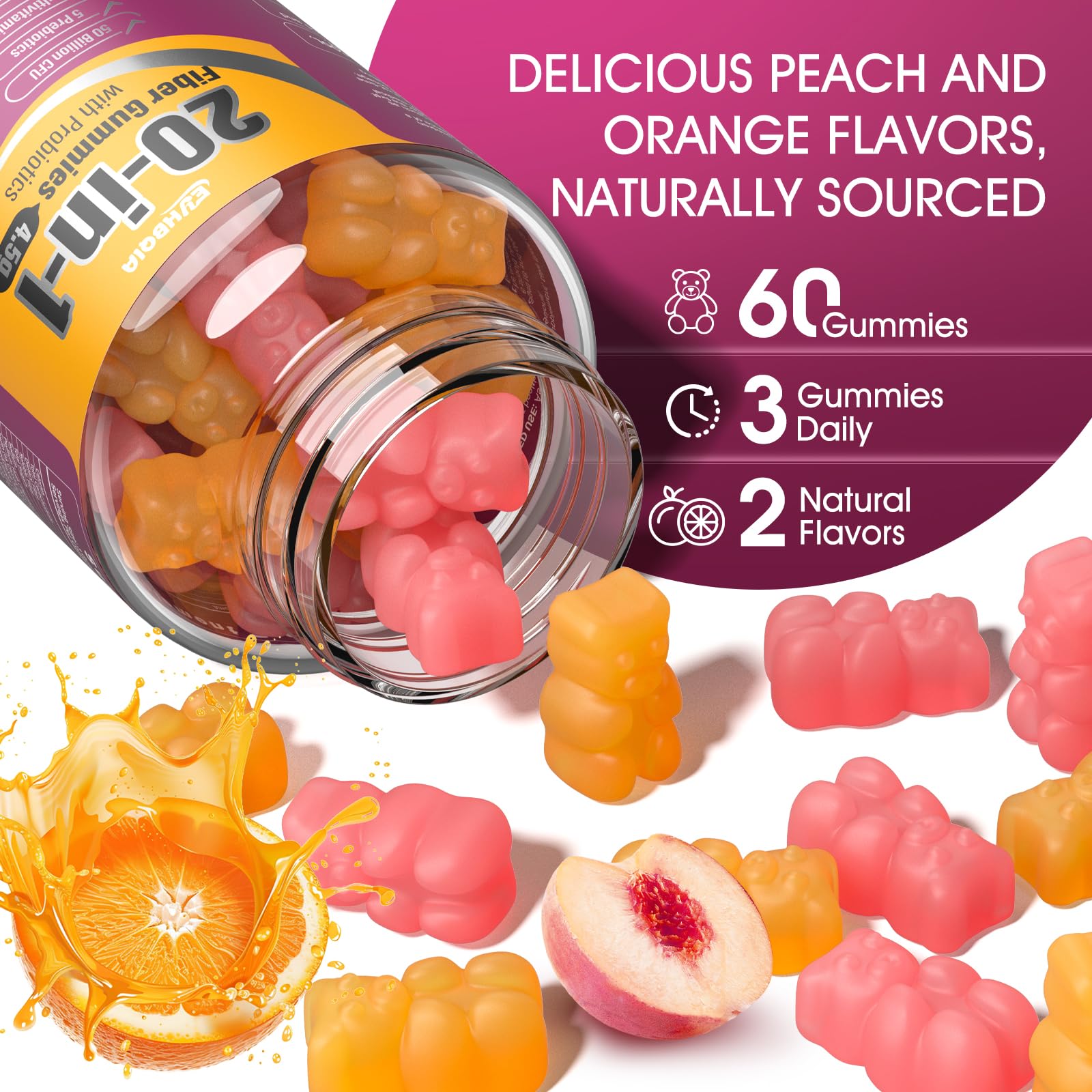 EYHBQIA Fiber Supplement 20-in-1 | 50B CFU Probiotic Gummies for Adults (Orange)