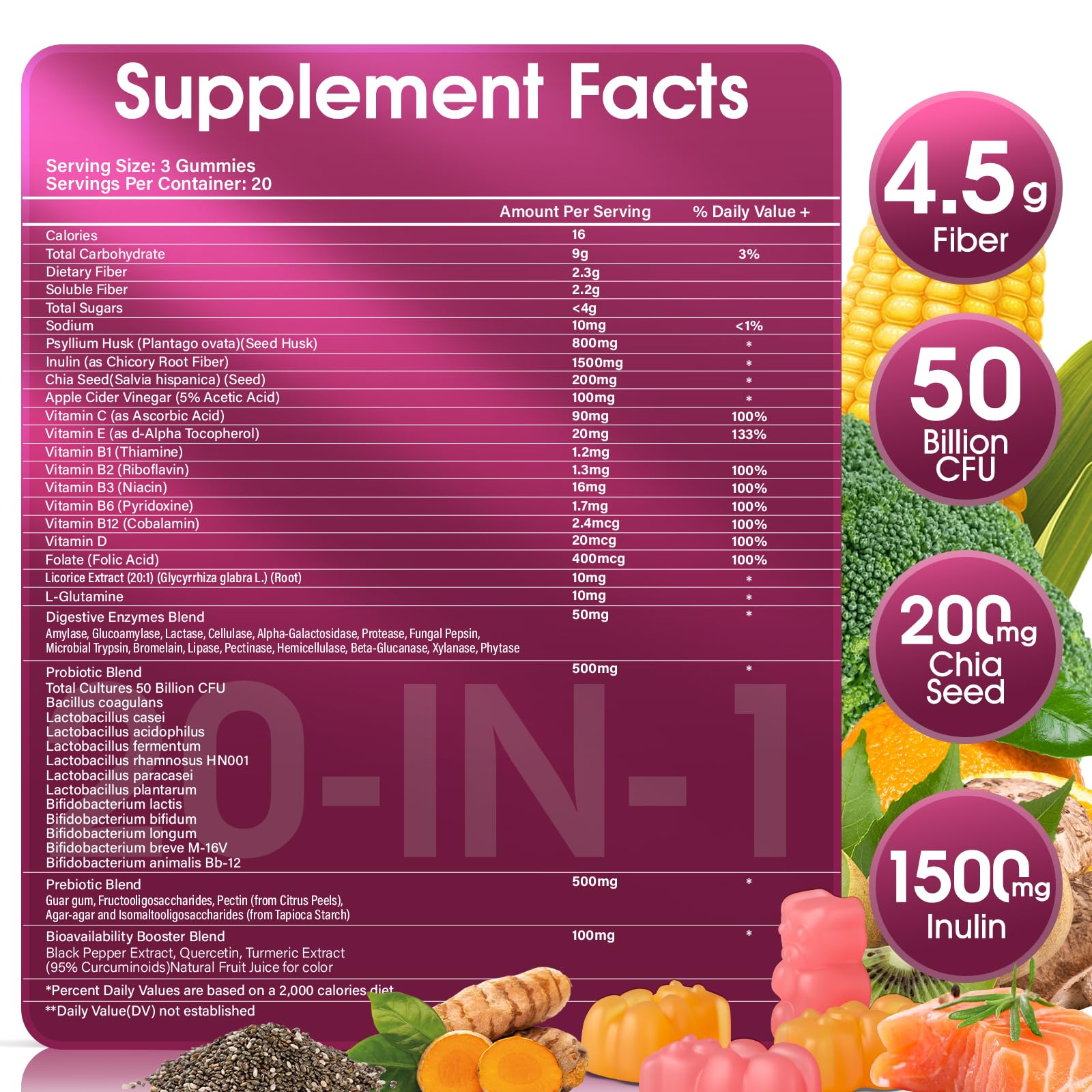 EYHBQIA Fiber Supplement 20-in-1 | 50B CFU Probiotic Gummies for Adults (Orange)