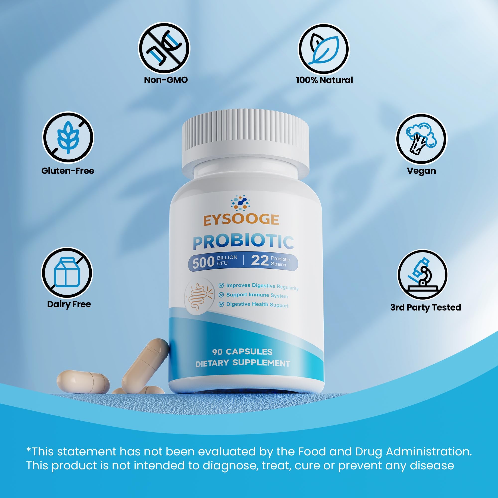 EYSOOGE Probiotics for Women and Men - 500B CFU, 22 Strains, 90 Capsules