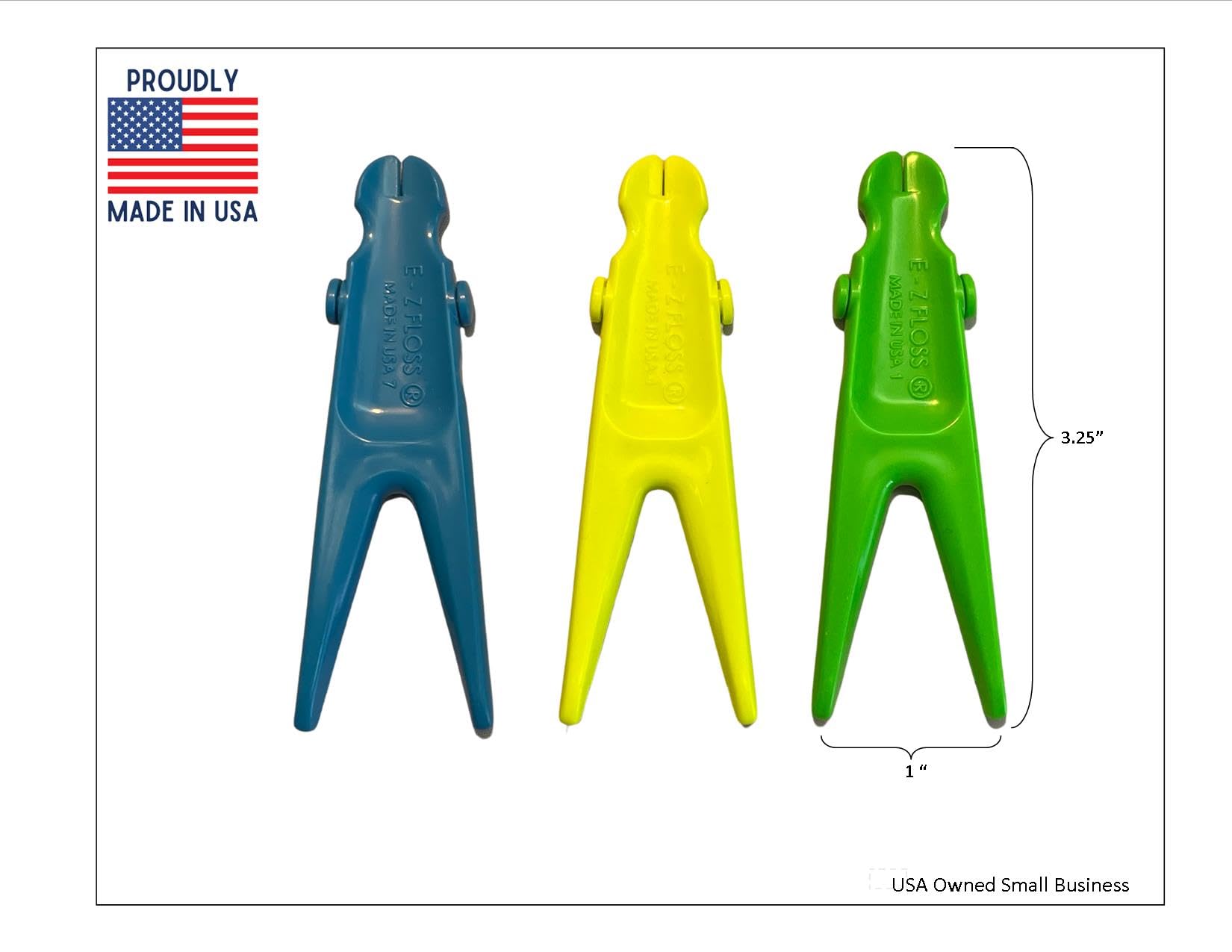 E-Z Floss Dental Floss Holder - Blue, Yellow, Green | Pack of 3 | Made in USA
