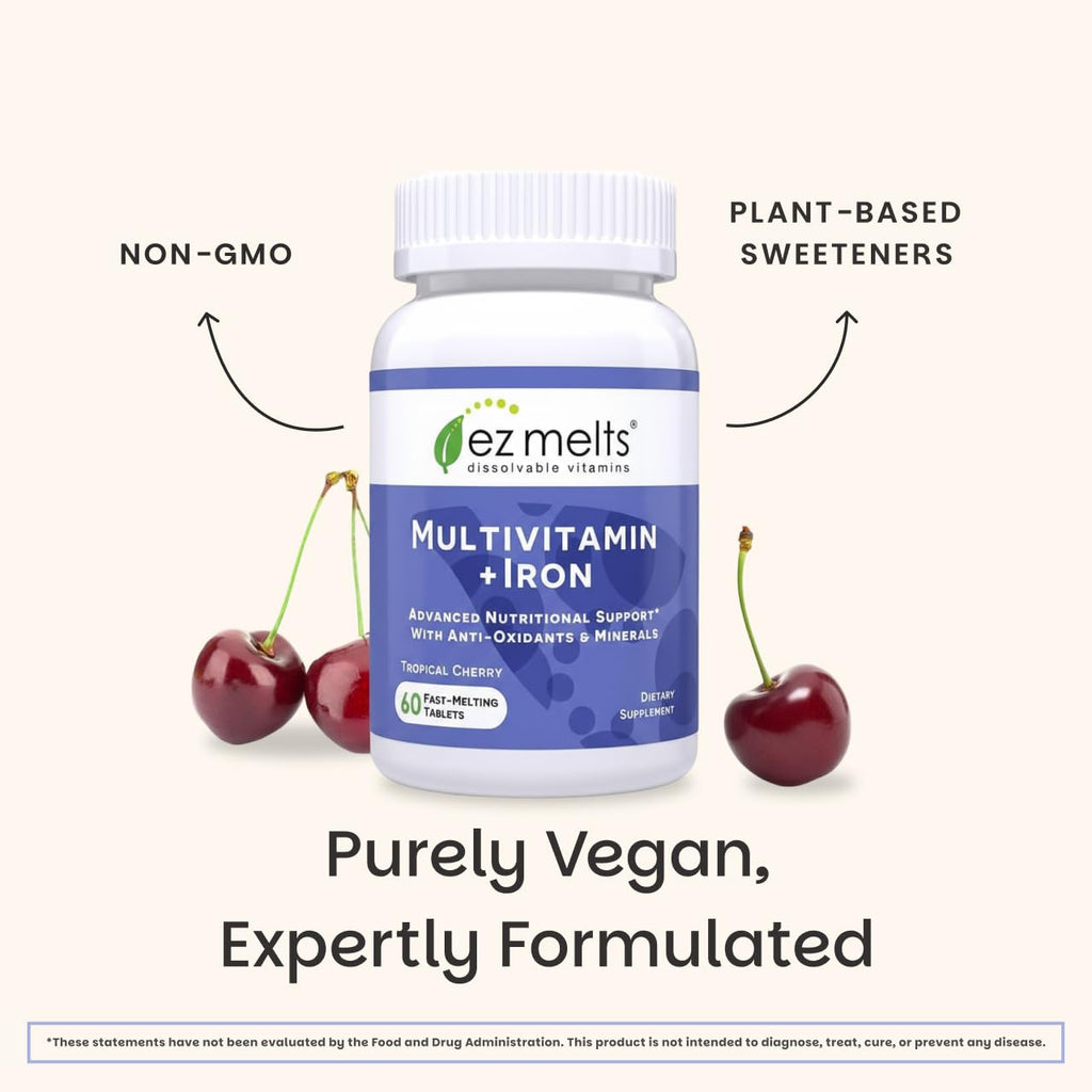 EZ Melts Multivitamin + Iron – Daily Dissolvable Vitamin for Women & Men, Vegan & Non-GMO, Tropical Cherry, 120 Tablets