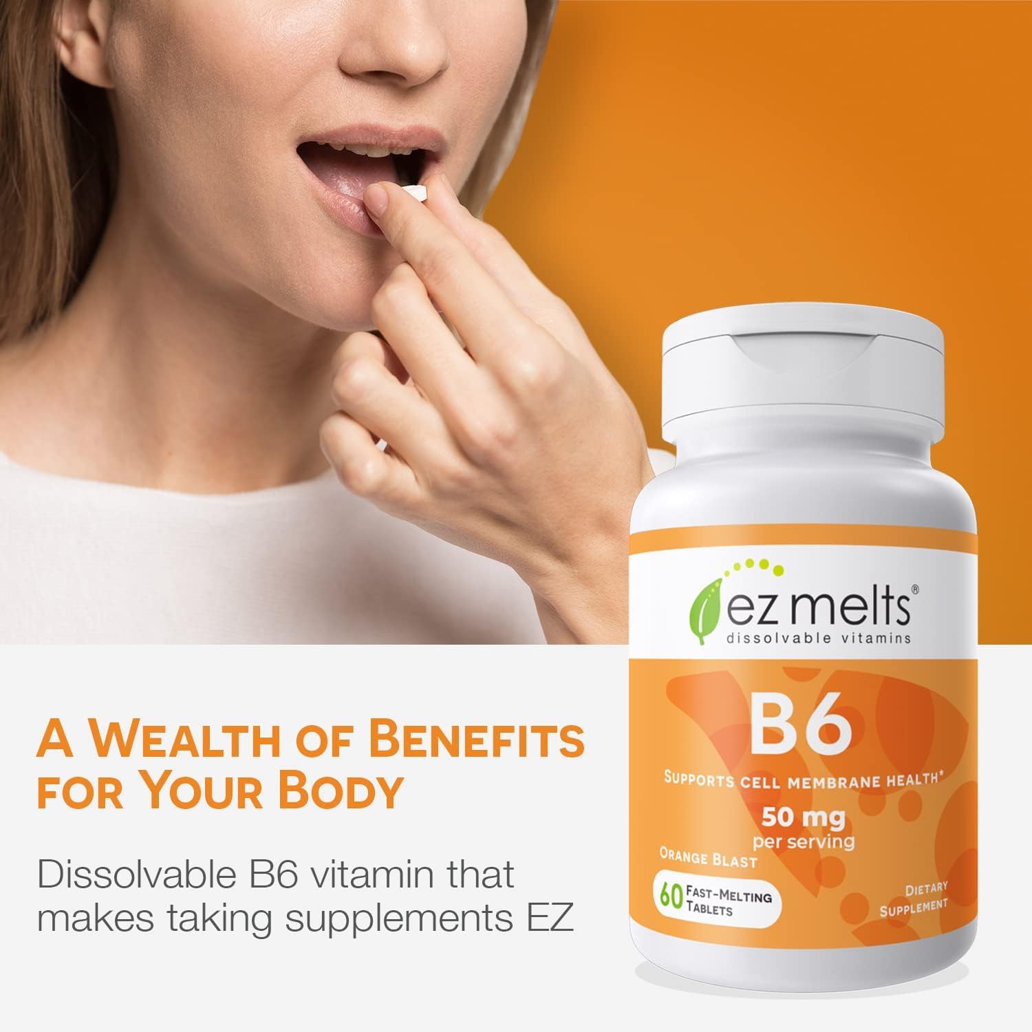 EZ Melts Vitamin B6 50 mg – Sugar-Free, Dissolvable Tablets | 1-Month Supply (1 Pack)