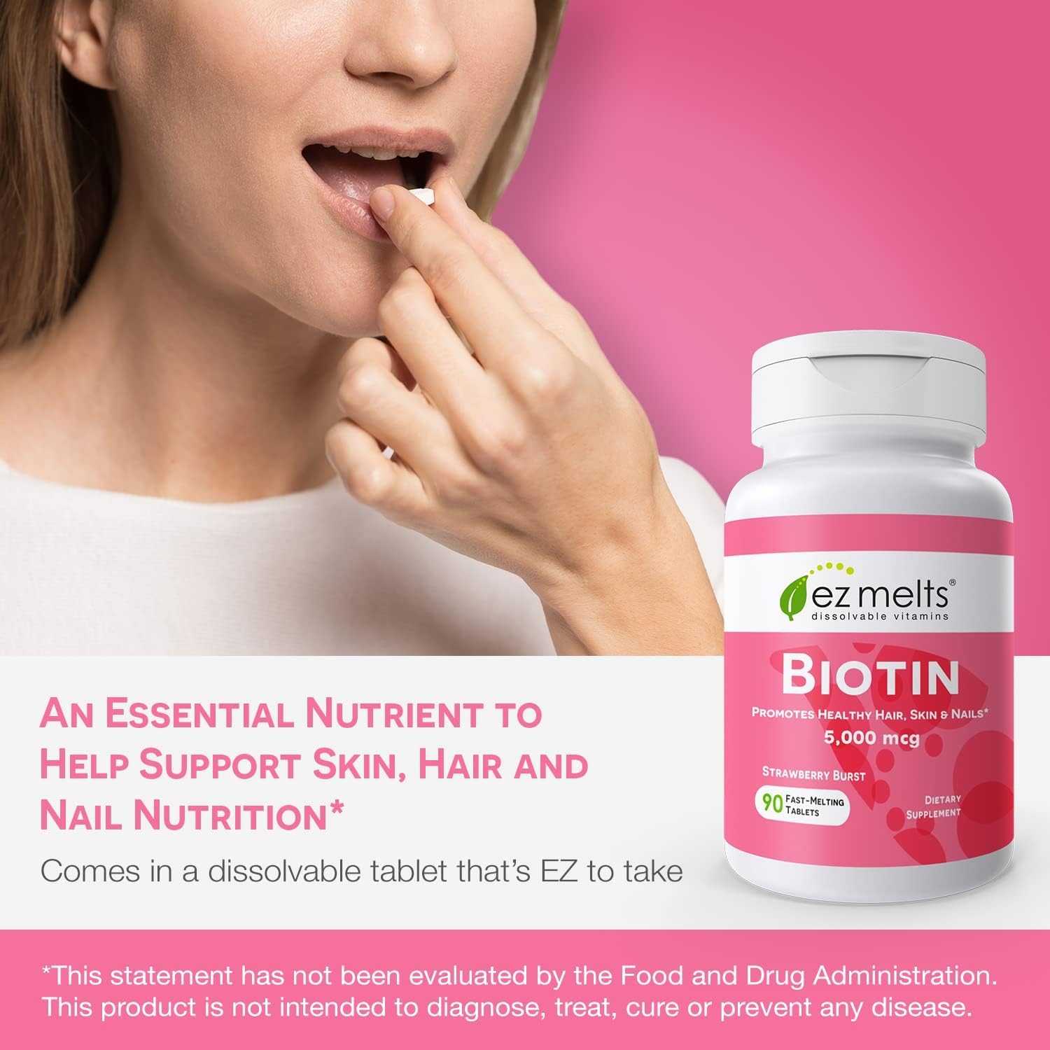 EZ Melts Biotin 5,000 mcg – Dissolvable, Sugar-Free | Hair, Skin & Nails | 3-Month Supply | 2 Pack