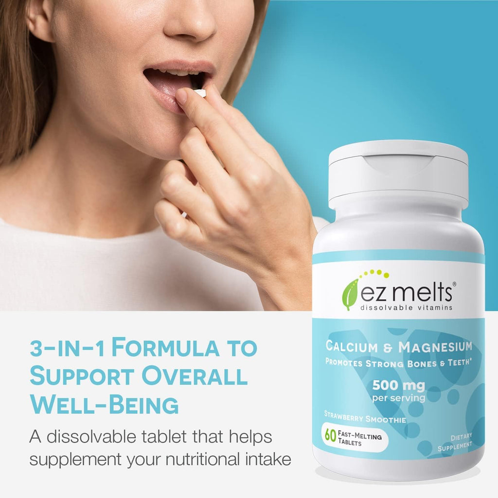 EZ Melts Calcium & Magnesium - Vegan, Non-GMO | Strawberry Smoothie - 60 Tablets