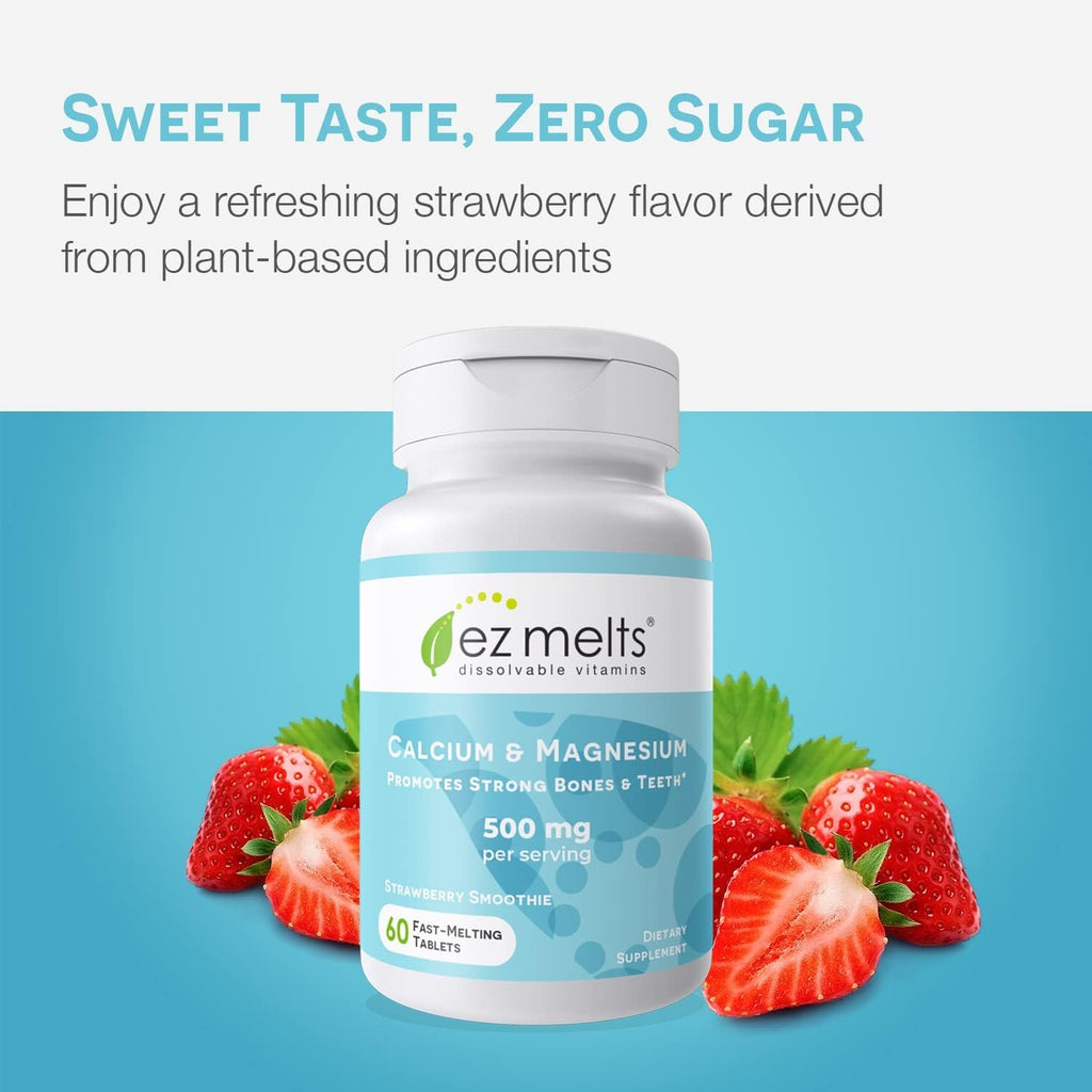 EZ Melts Calcium & Magnesium - Vegan, Non-GMO | Strawberry Smoothie - 60 Tablets