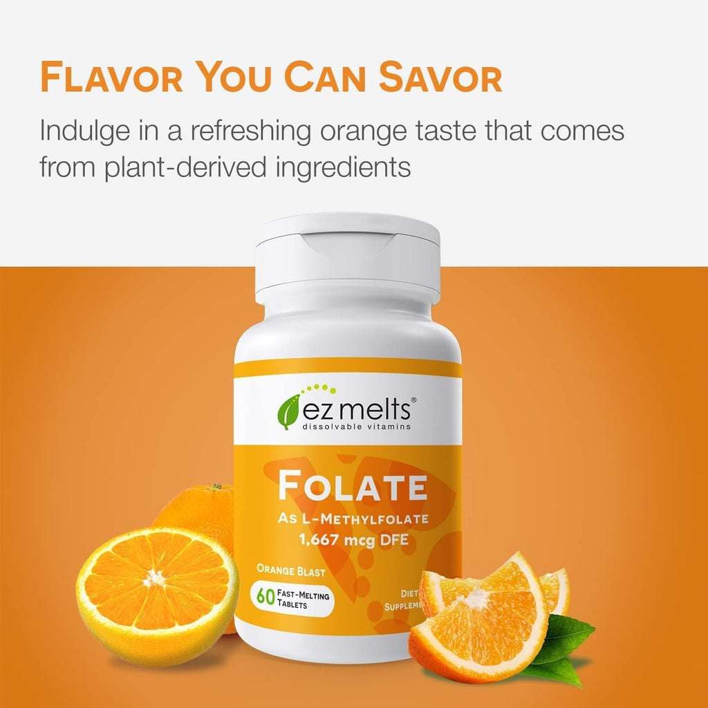 EZ Melts Folate 1,667 mcg DFE – Dissolvable, Methylated Folate for Heart Health & Fetal Development – Non-GMO, Vegan, Dairy-Free – Orange Blast (120 Servings)