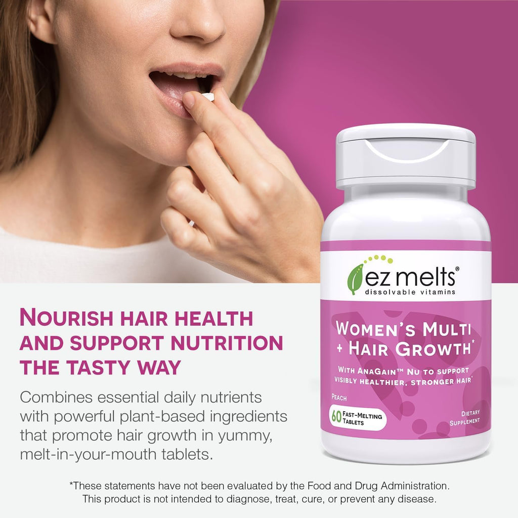 EZ Melts Women's Multi + Hair Growth – Peach, 120 Dissolvable Tablets (60 Servings) – Vegan & Non-GMO