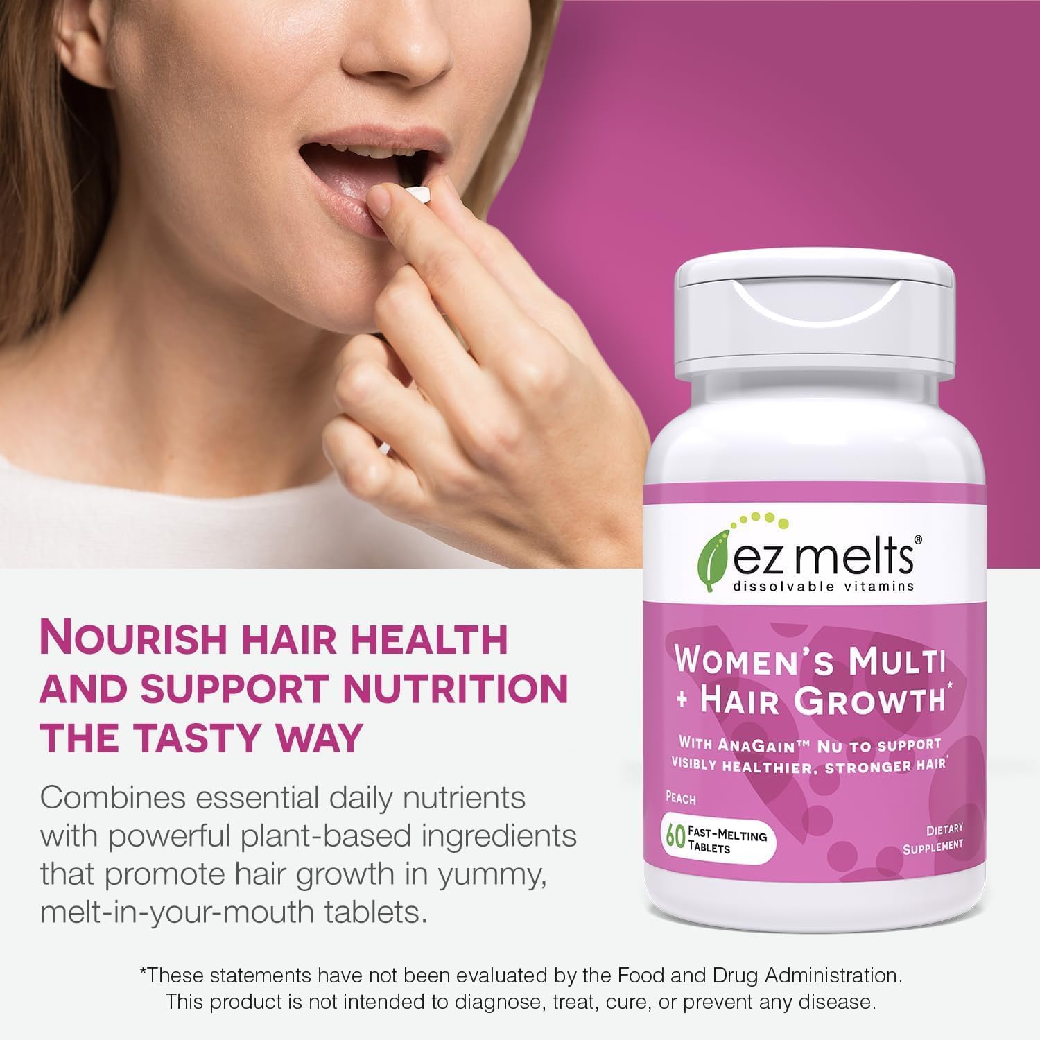 EZ Melts Women's Multi + Hair Growth – Peach, 120 Dissolvable Tablets (60 Servings) – Vegan & Non-GMO