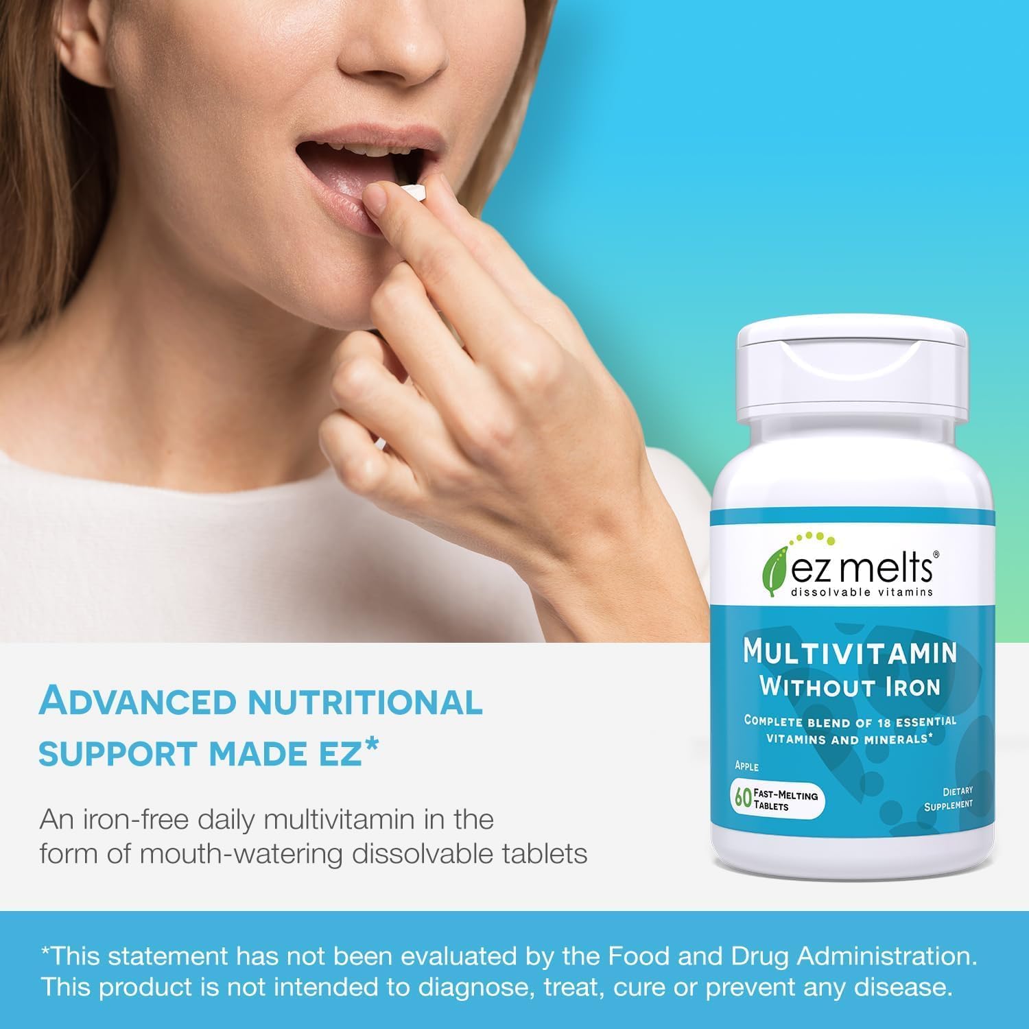 EZ Melts Dissolvable Multivitamin Without Iron – 18 Vitamins & Sugar-Free