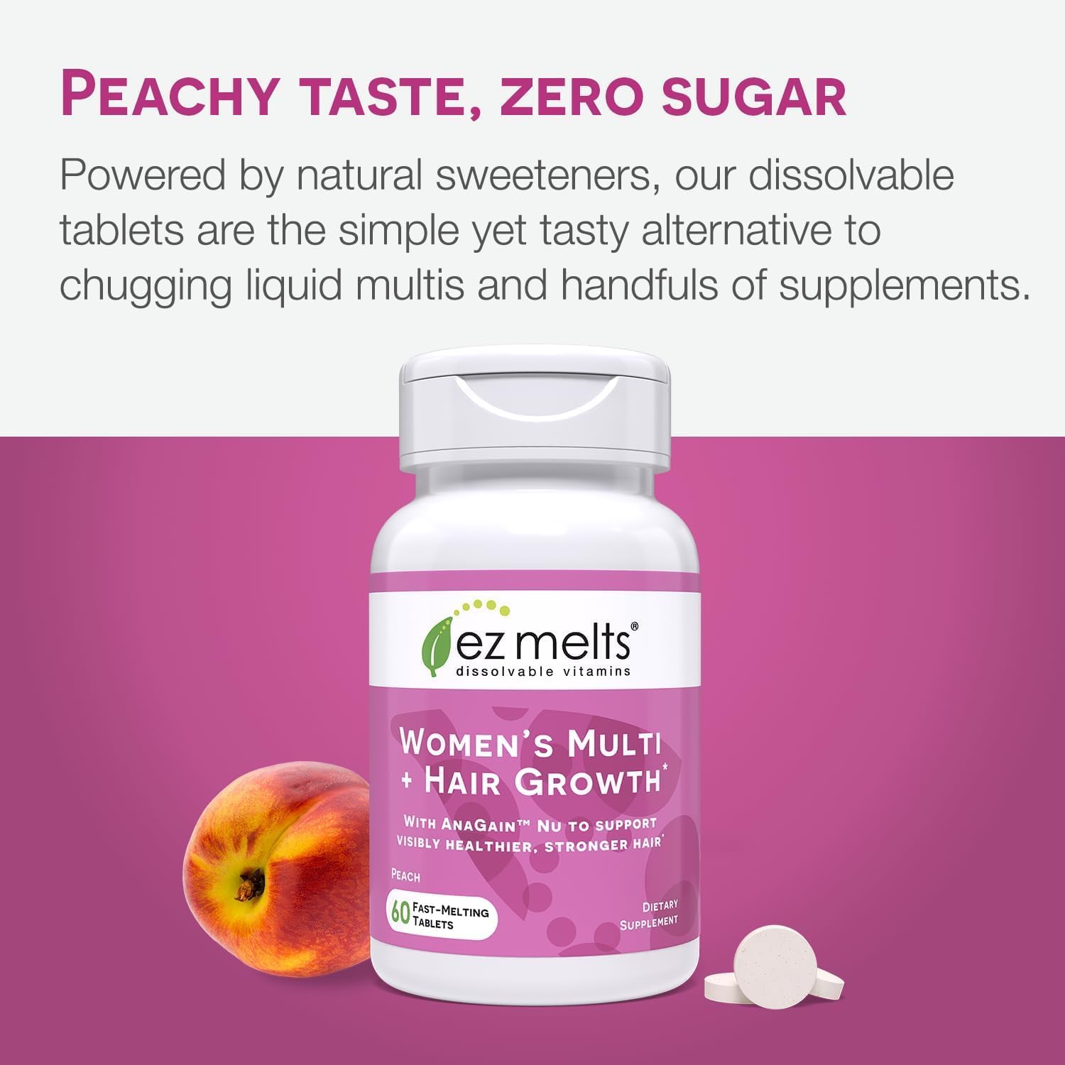 EZ Melts Women's Multi + Hair Growth – Peach Dissolvable Multivitamin for Women (60 Tablets) – Vegan & Non-GMO