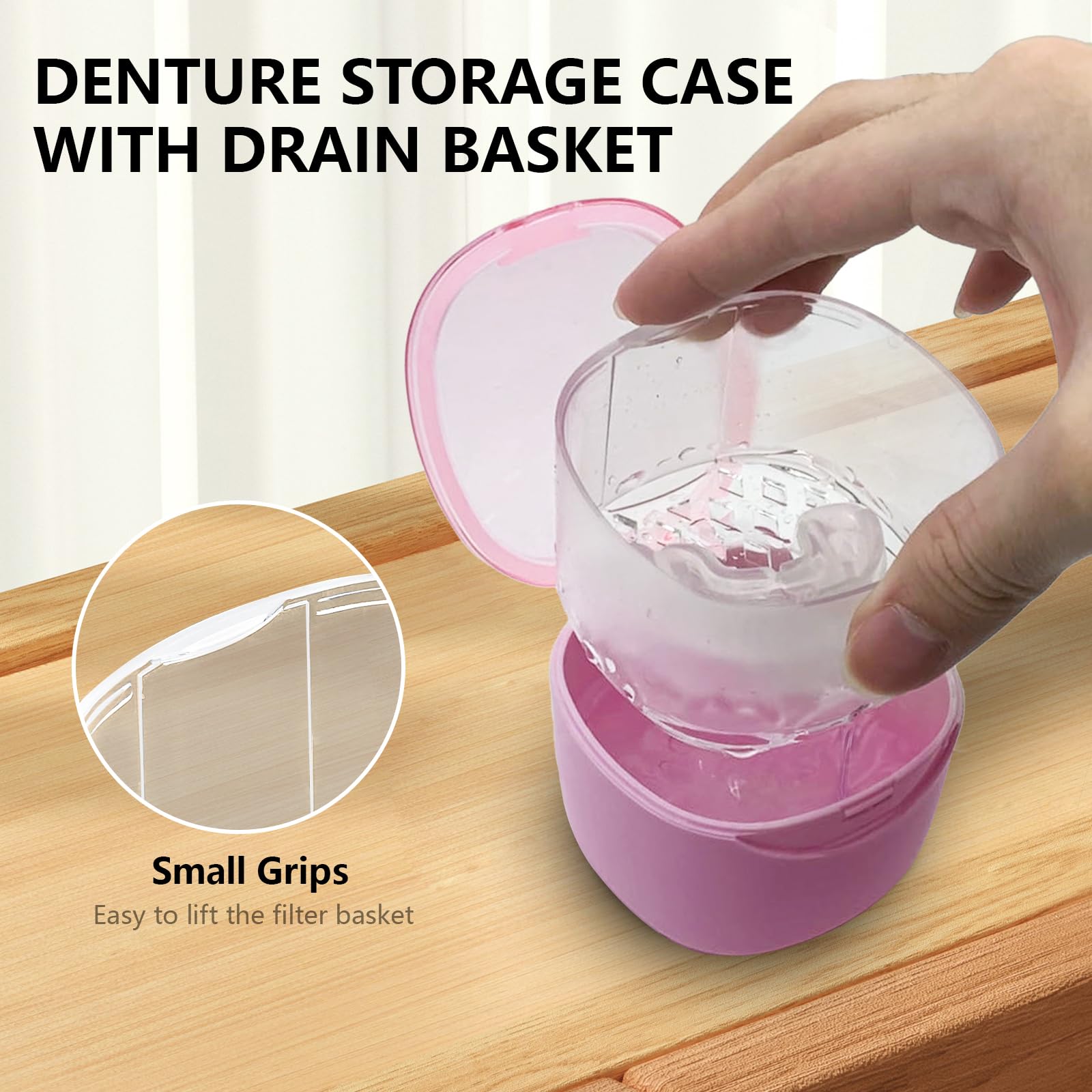EZEELAI Partial Denture Case Leak Proof with Strainer Basket and Brush | Waterproof Denture Cup Retainer - Pink