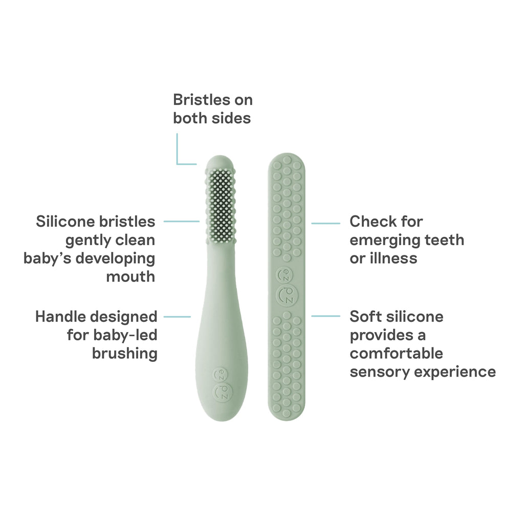 ezpz Baby-Led Toothbrush + Tongue Depressor Dual Pack (Sage) – 100% Silicone Toothbrush + Silicone/Stainless Steel Tongue Depressor
