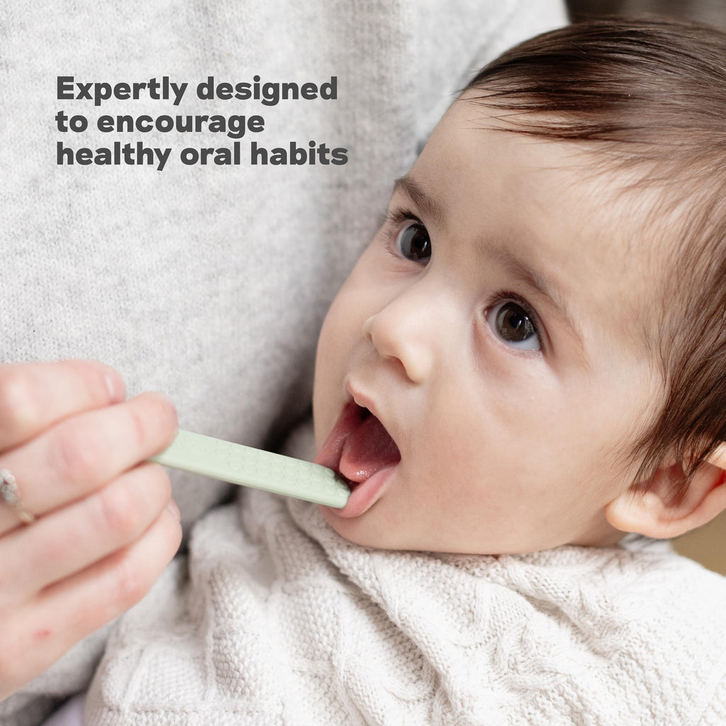 ezpz Baby-Led Toothbrush + Tongue Depressor Dual Pack (Sage) – 100% Silicone Toothbrush + Silicone/Stainless Steel Tongue Depressor