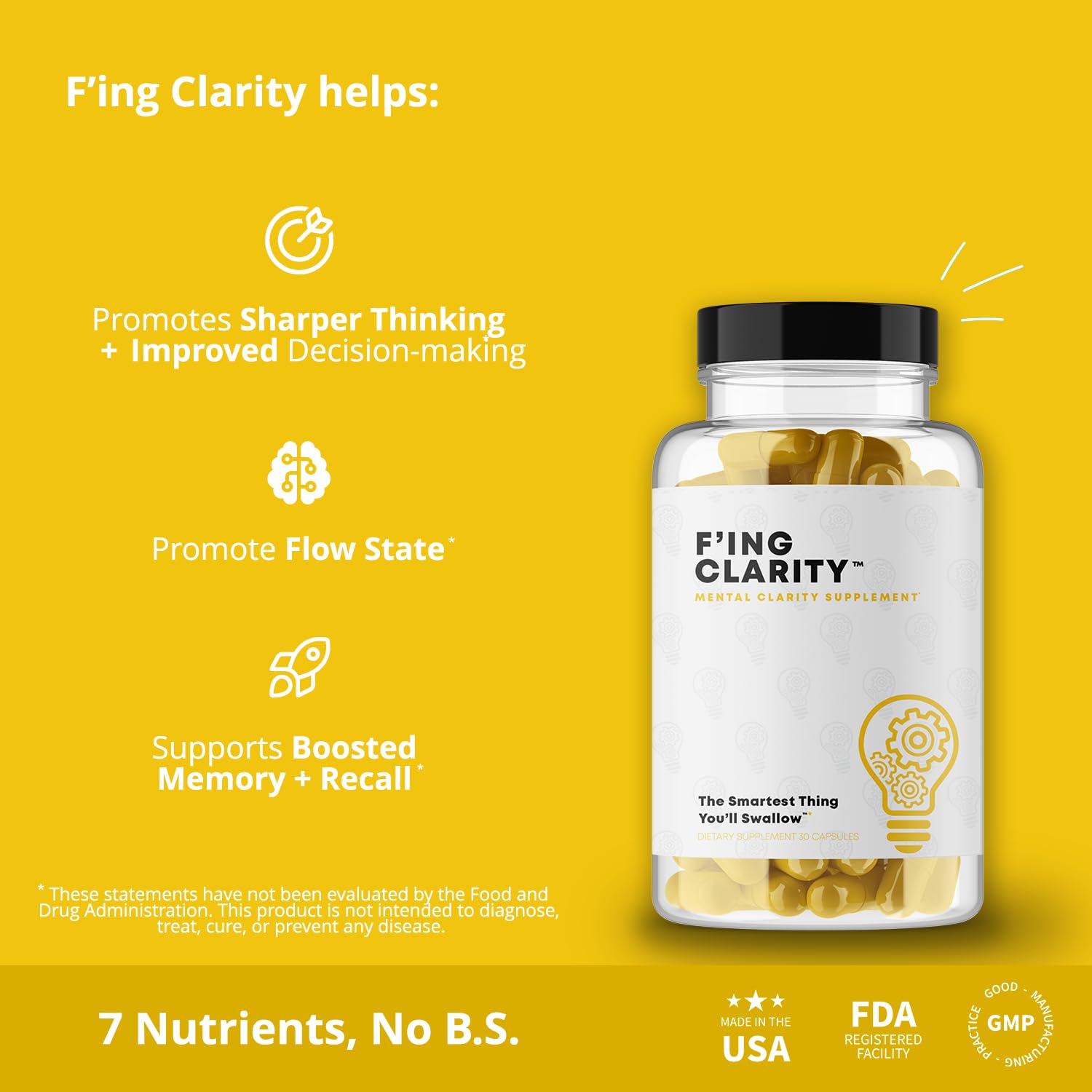F'ing Clarity - Clarity, Memory + Brain Boosting Nootropic Supplement | Bacopa Extract, Phosphatidylserine 20%, Gingko Biloba Extract, Rhodiola Rosea Extract, DMAE Bittrartrate, B-12, Huperzine A