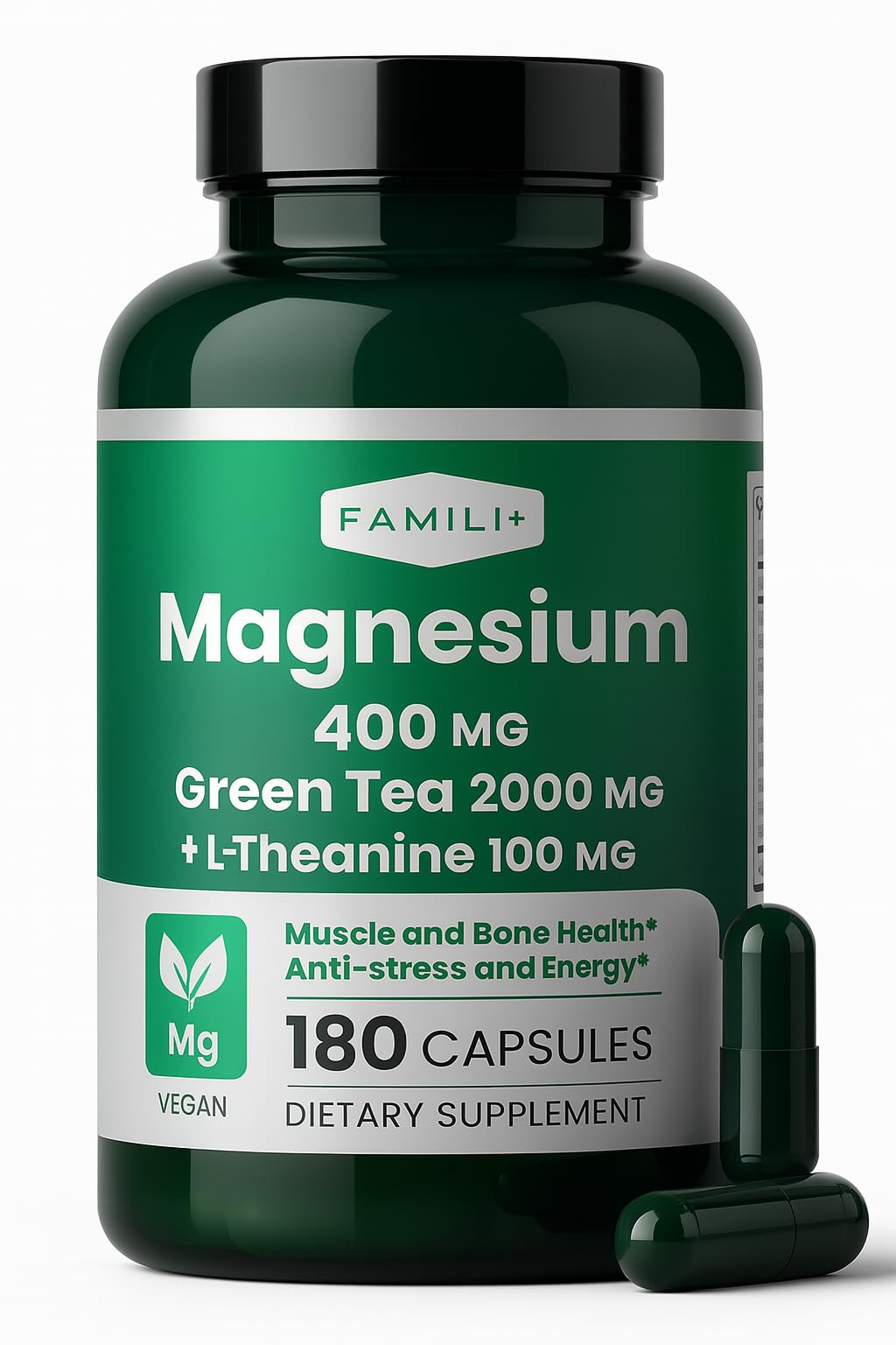 FAMILI+ Magnesium 400mg + 100mg Green Tea Extract | L-Theanine | 180 Vegan Capsules | Sleep, Stress & Muscle Support