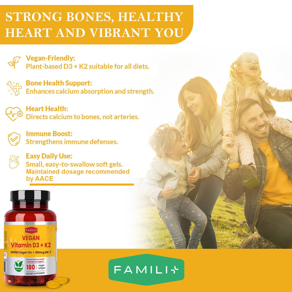 FAMILI+ Vegan Vitamin D3 + K2 Softgels (2000 IU D3, 100 mcg MK-7) with Coconut MCT – 180 Days