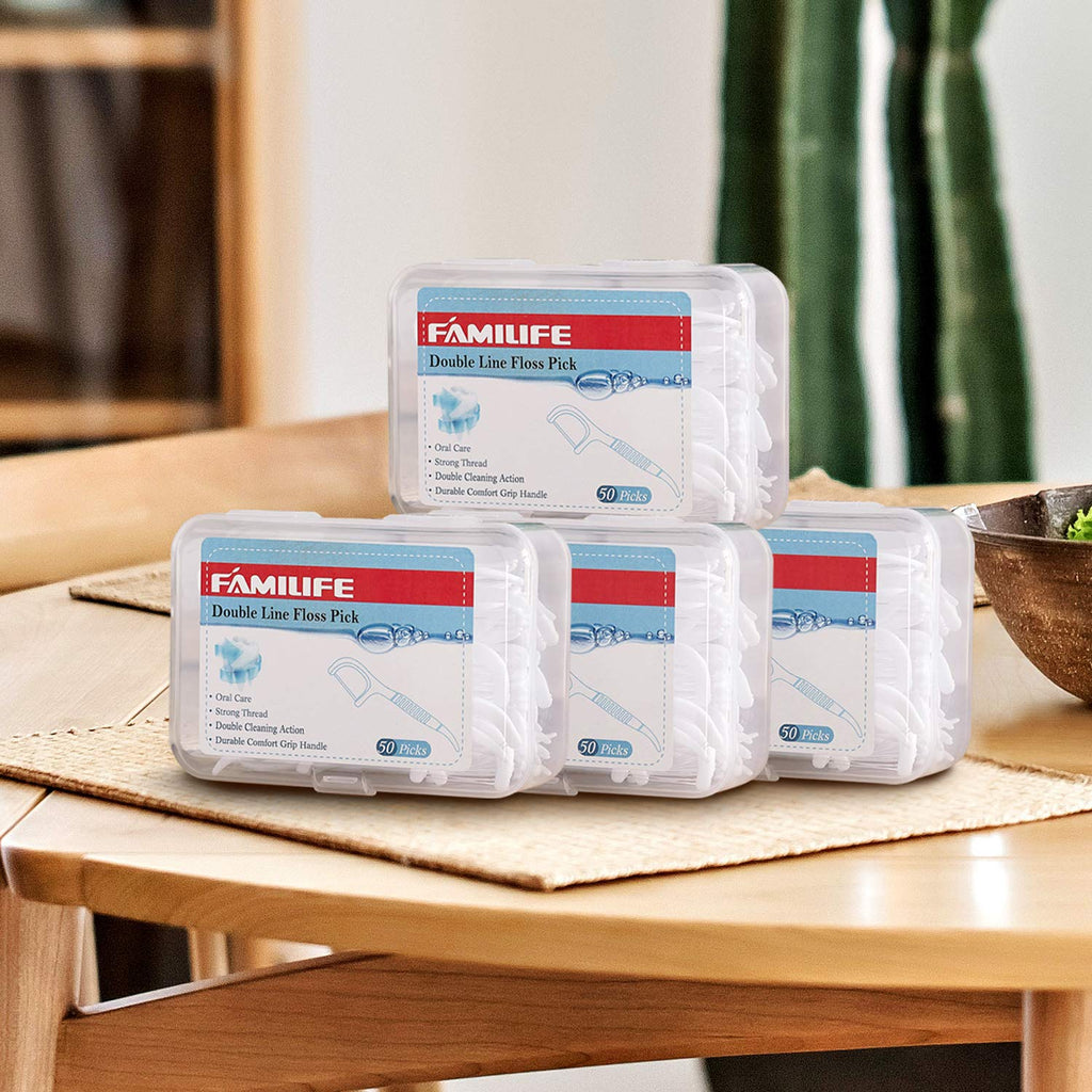 FAMILIFE Double Line Dental Floss Picks – 200 Count, Unwaxed & Unflavored Threader Flosser, 4 Travel Cases