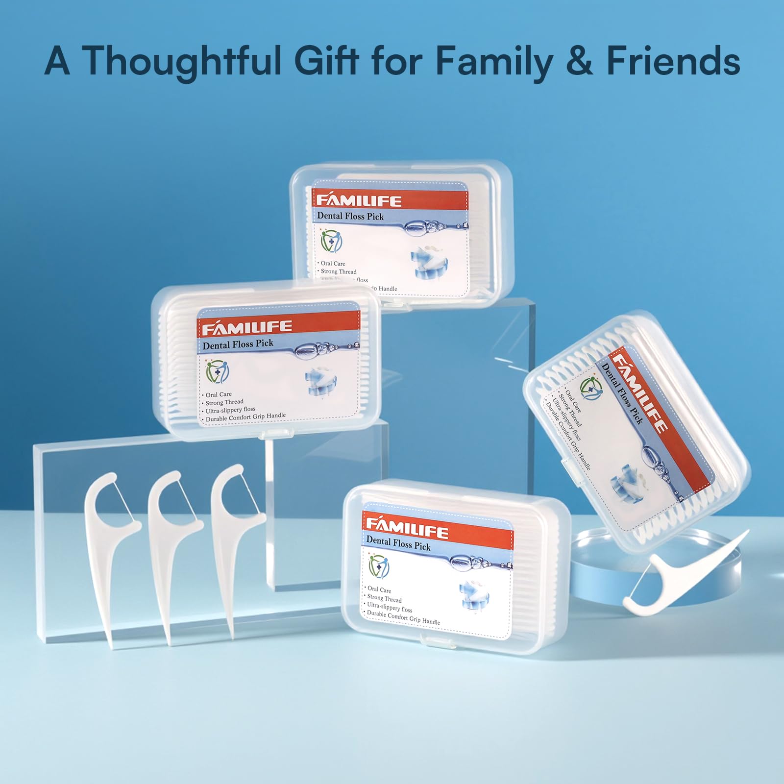 FAMILIFE Floss Picks 240 Count – Unflavored Flossers with 4 Travel Cases