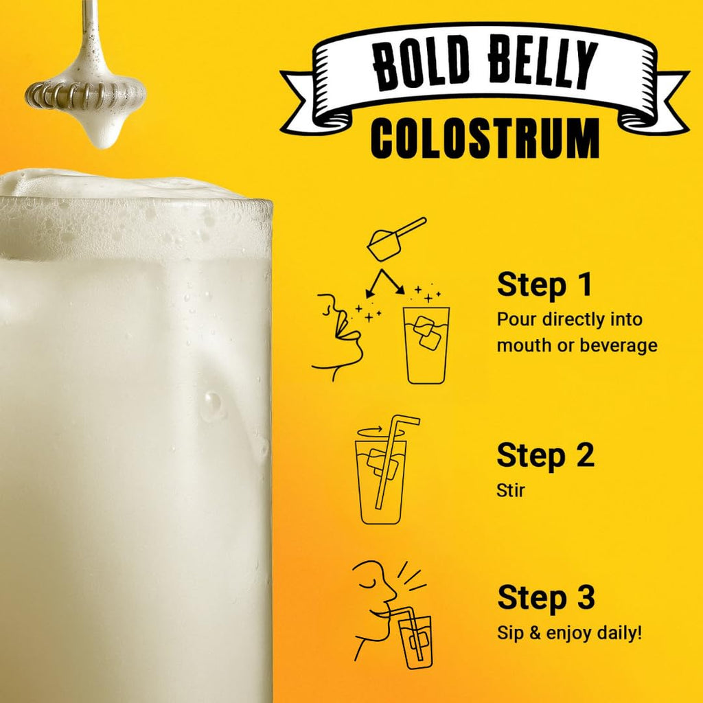 Bold Belly Colostrum Powder Supplement - Whole Cream Bovine Colostrum for Gut & Immune Support, Grass-Fed USA Cows, Cold-Processed, Natural IgG Colostrum Superfood, Unflavored - 5.3 OZ