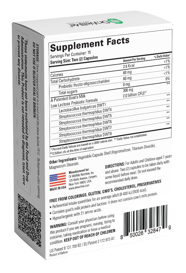Dr. WellMe Laktera Allergy-Free Probiotics – 30 Caps, Goat Milk Formula, 12B CFU, Immune & Gut Health, Low Lactose, Gluten-Free