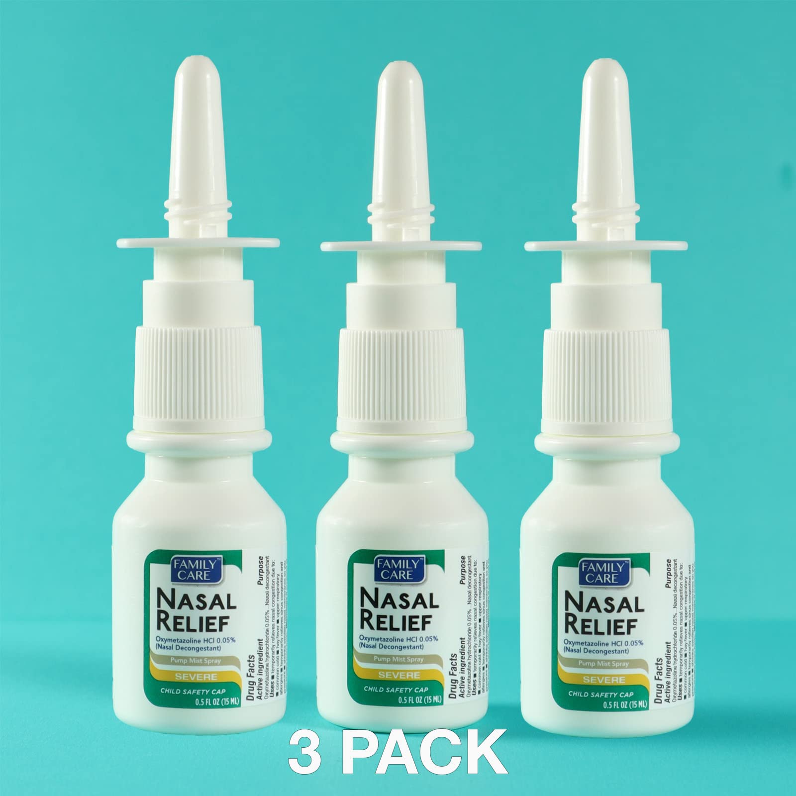 FamilyCare Nasal Relief Spray – 12 Hours, Pump Mist, Anti-Drip, 3 Pack