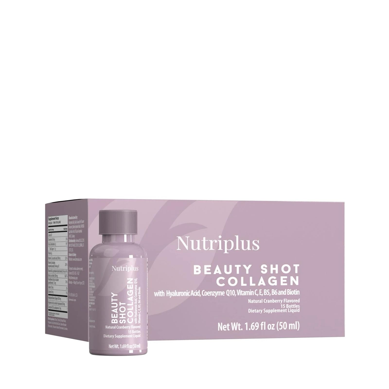 FARMASi Nutriplus Beauty Shot Collagen – Type I & III, Hyaluronic Acid, Vitamins | Sugar-Free Cranberry Flavor