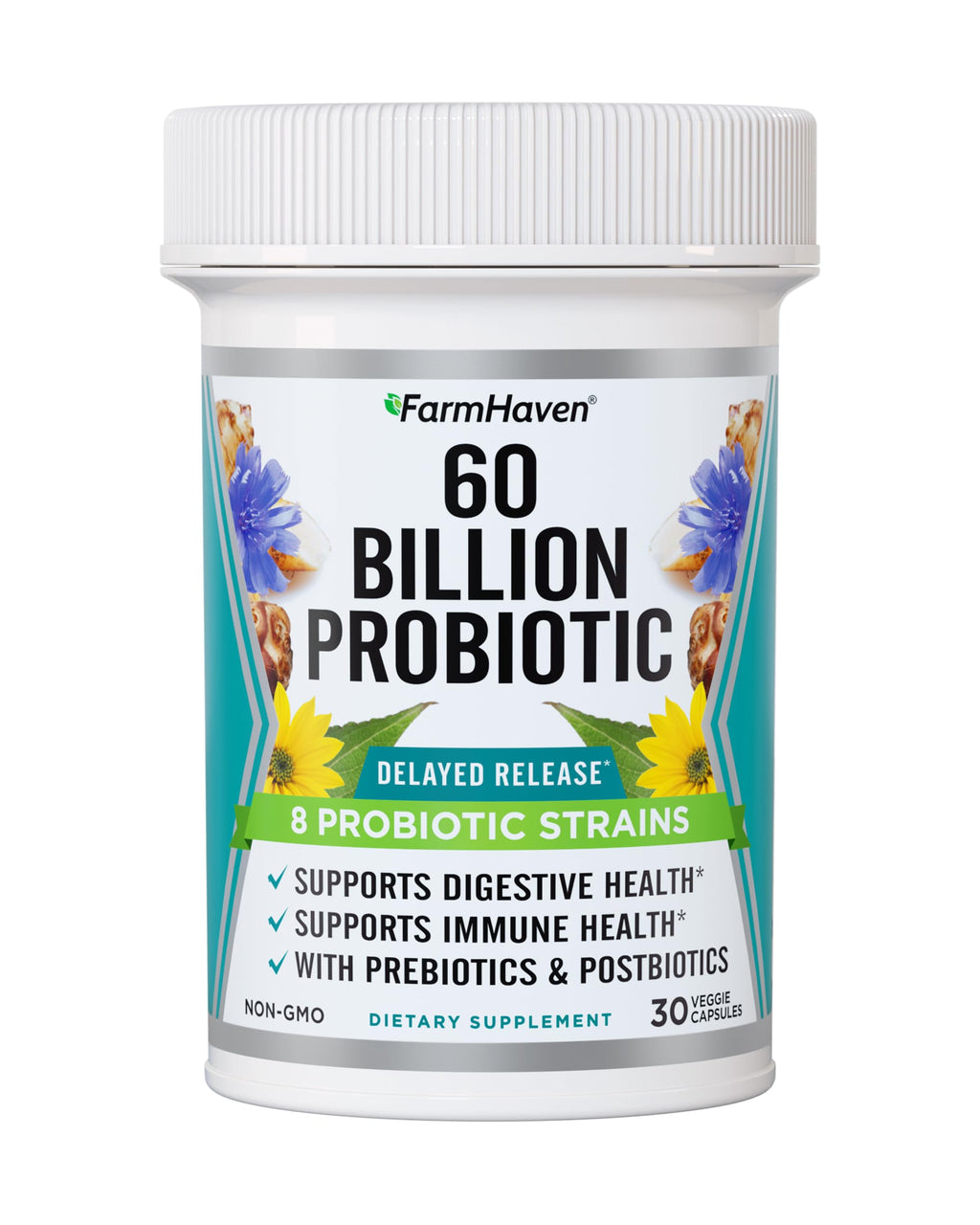 FarmHaven 60 Billion CFU Probiotic – 8 Strains, Prebiotics & Postbiotics – 30 Caps
