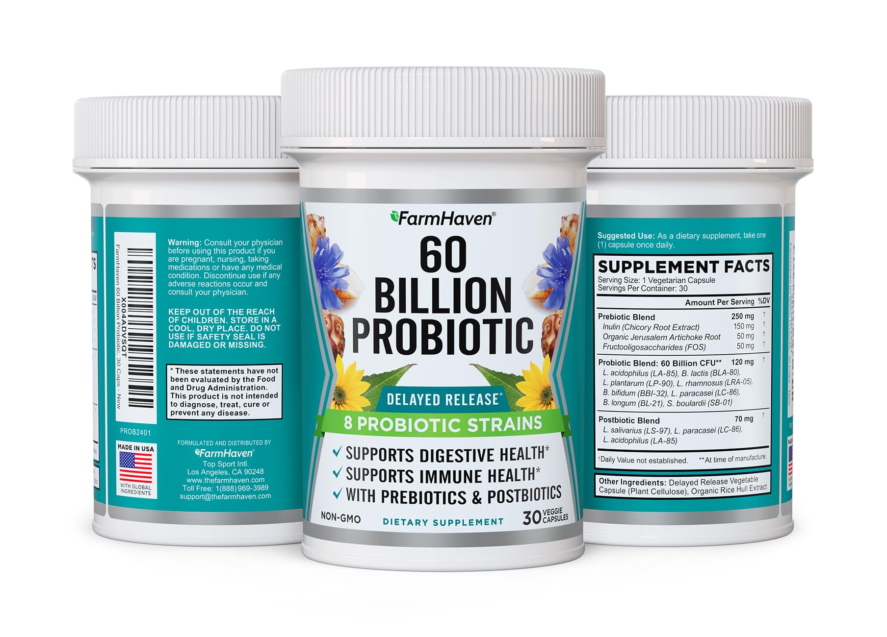 FarmHaven 60 Billion CFU Probiotic – 8 Strains, Prebiotics & Postbiotics – 30 Caps