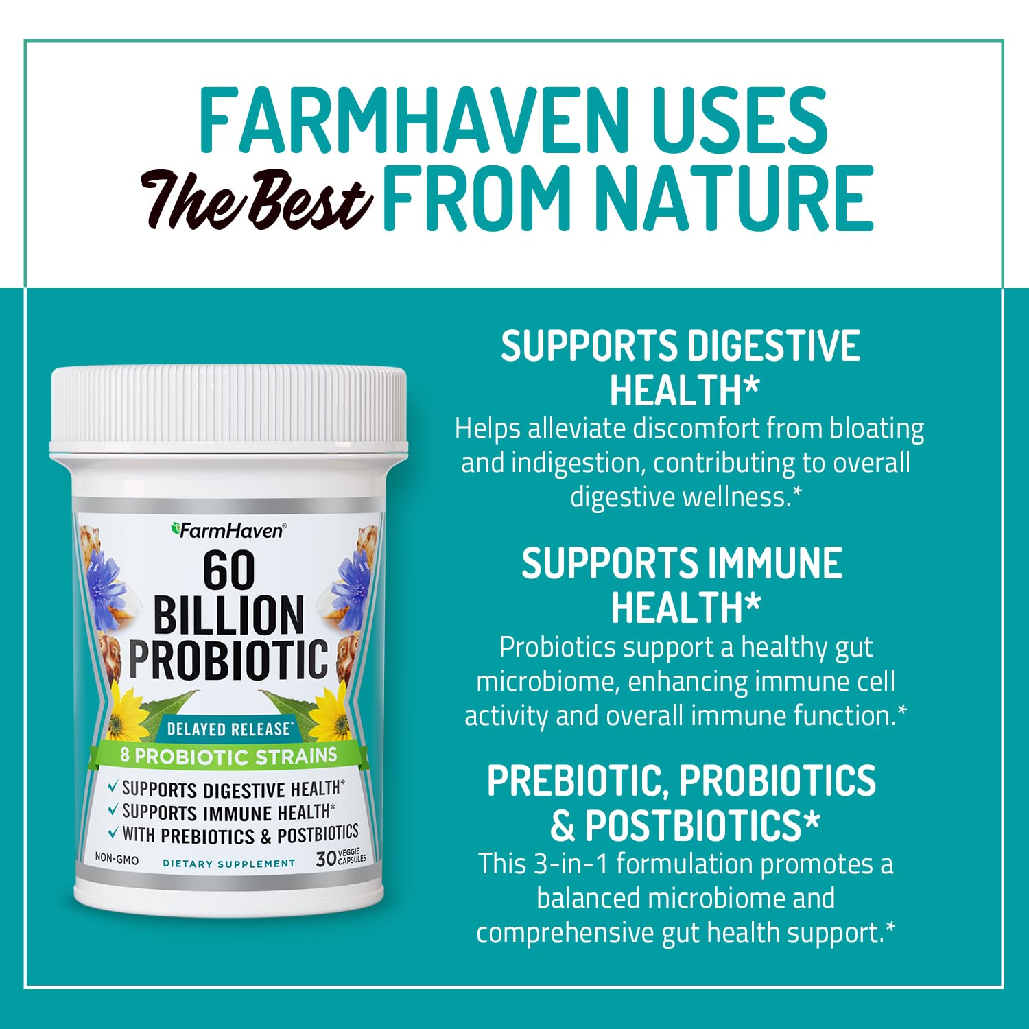 FarmHaven 60 Billion CFU Probiotic – 8 Strains, Prebiotics & Postbiotics – 30 Caps