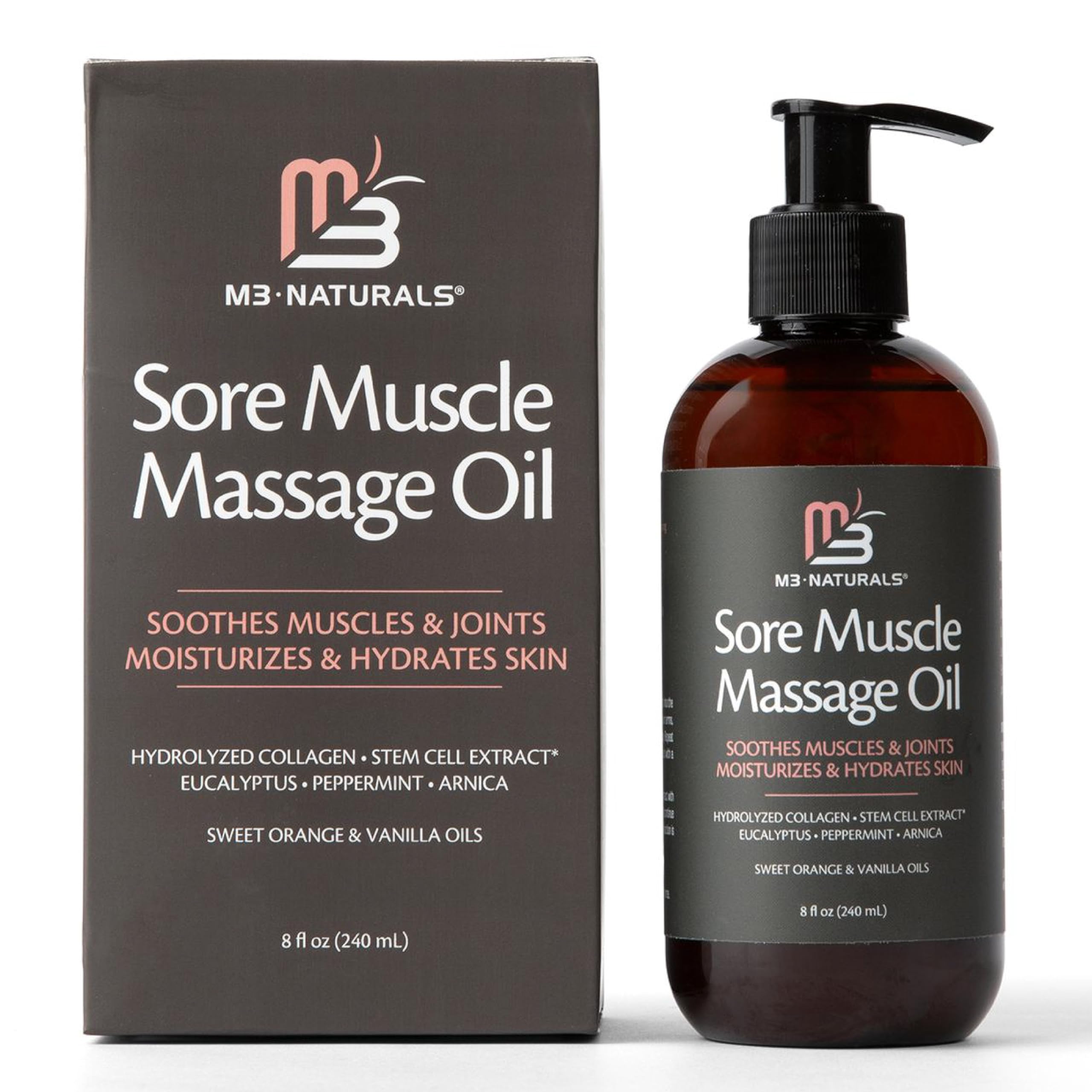 Arnica Sore Muscle Massage Oil with Collagen, Stem Cells & Menthol – Anti-Cellulite, Full-Body, 8 oz | M3 Naturals