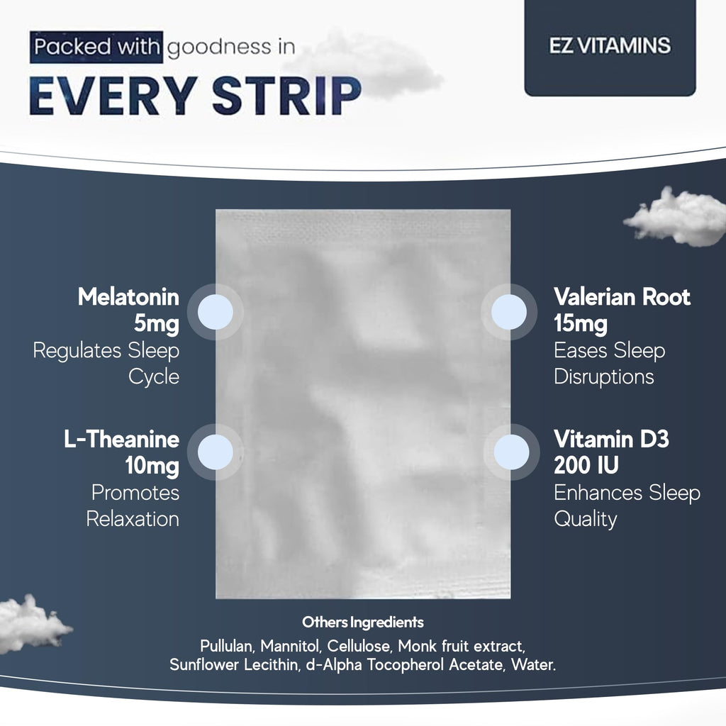 Dissolvable Oral Sleep Strips – 5mg Melatonin, Valerian, L-Theanine, Vitamin D3 | Mint 30ct