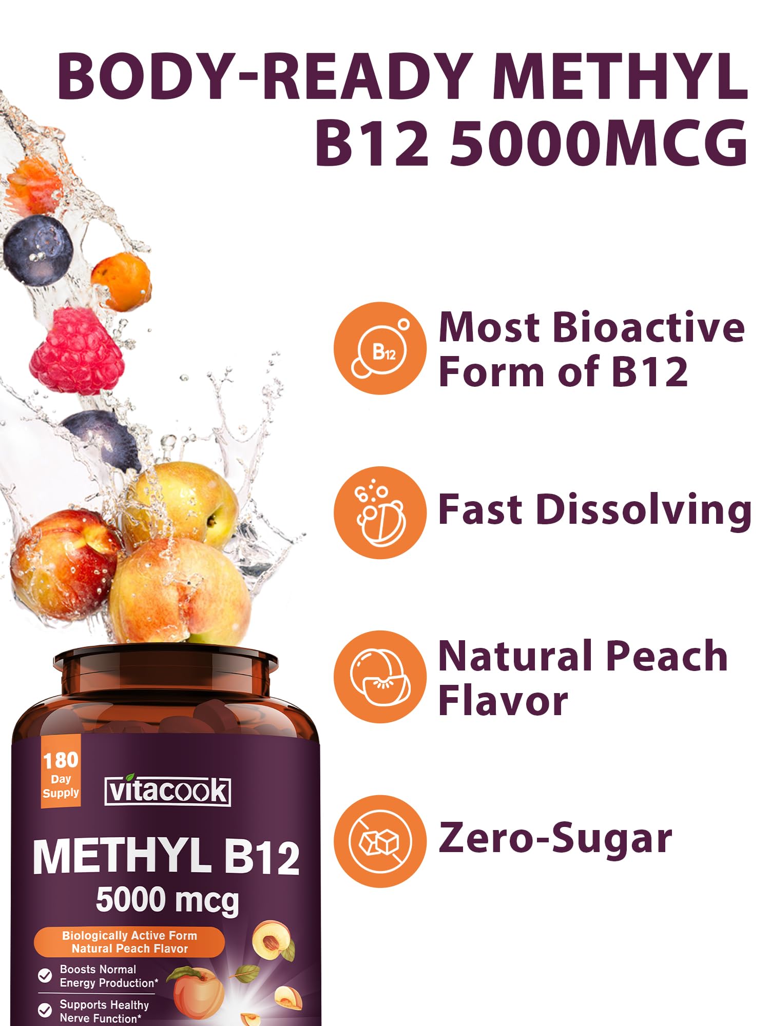 Vitamin B12 Sublingual 5000mcg – Energy & Nerve Support, Peach Flavor
