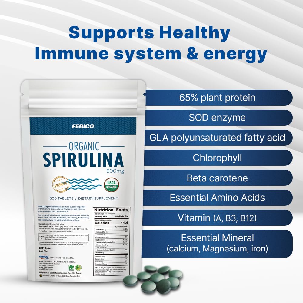 FEBICO Organic Spirulina Tablets 250g – 83 Days Supply | Vegan, Non-GMO, USDA, Naturland, Halal