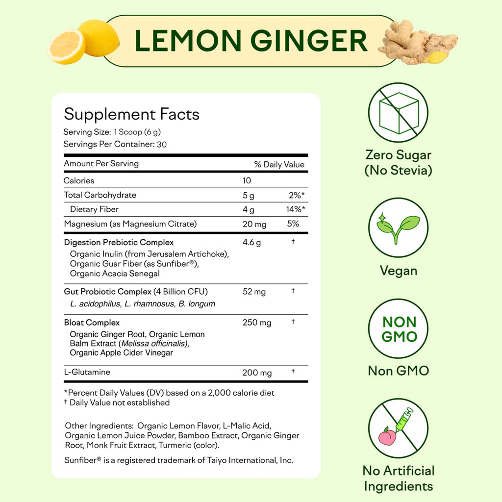 Feel Goods Gut Guardian: Organic Fiber, Probiotic & Prebiotic Powder – Lemon Ginger, Sugar Free, 30 Servings