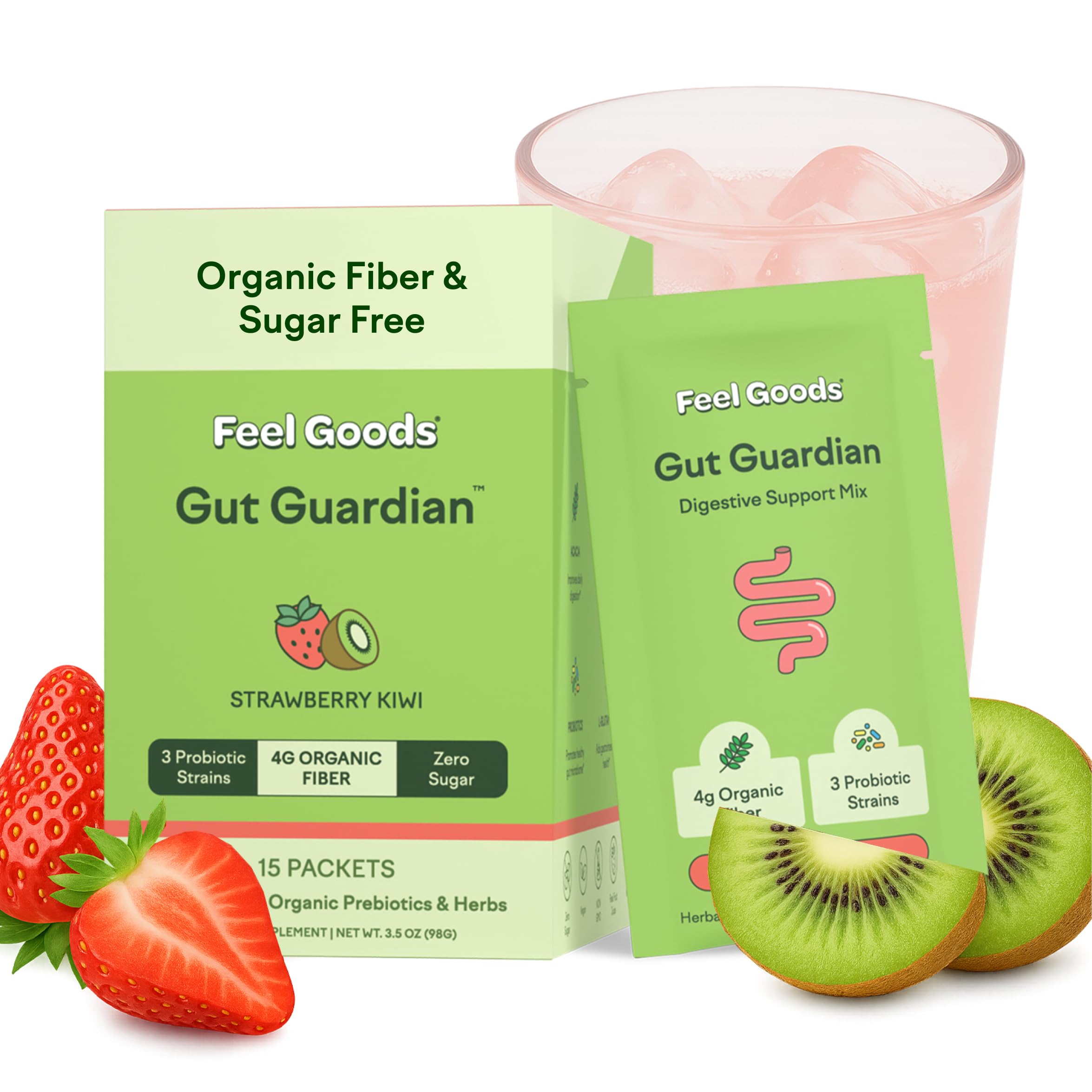Feel Goods Gut Guardian Organic Fiber, Probiotic & Prebiotic Powder - Sugar Free, Vegan (Strawberry Kiwi) - 15 Count
