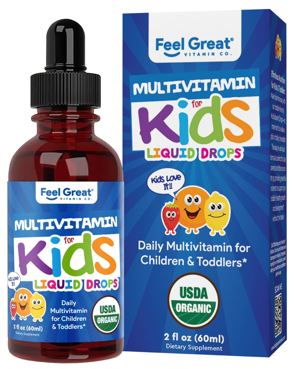 Feel Great Vitamins Organic Multivitamin Liquid Drops for Toddlers & Kids | Sugar-Free & USDA Organic | 2 fl oz