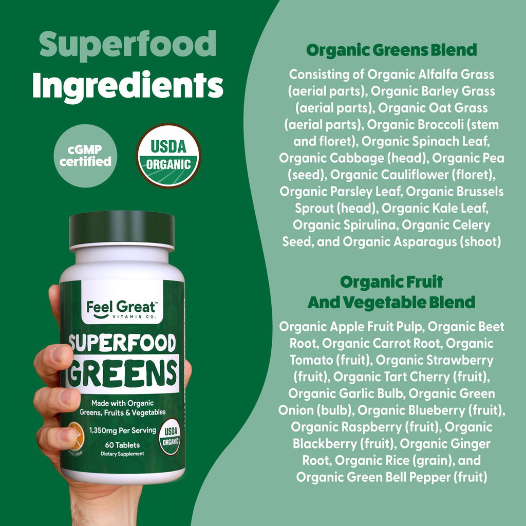 Feel Great Vitamins Super Greens Tablets – Organic Greens, Fruits & Veggies | 60 Tablets