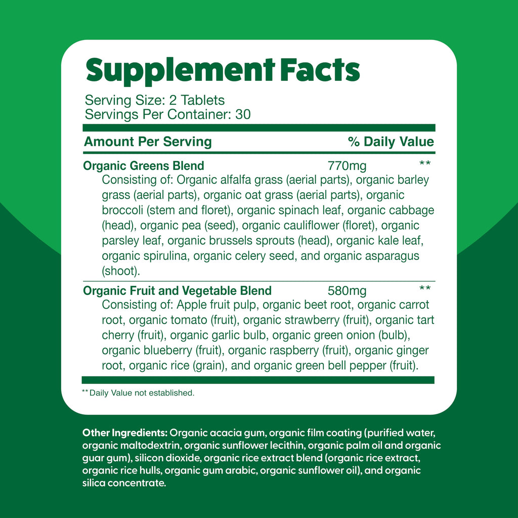 Feel Great Vitamins Super Greens Tablets – Organic Greens, Fruits & Veggies | 60 Tablets