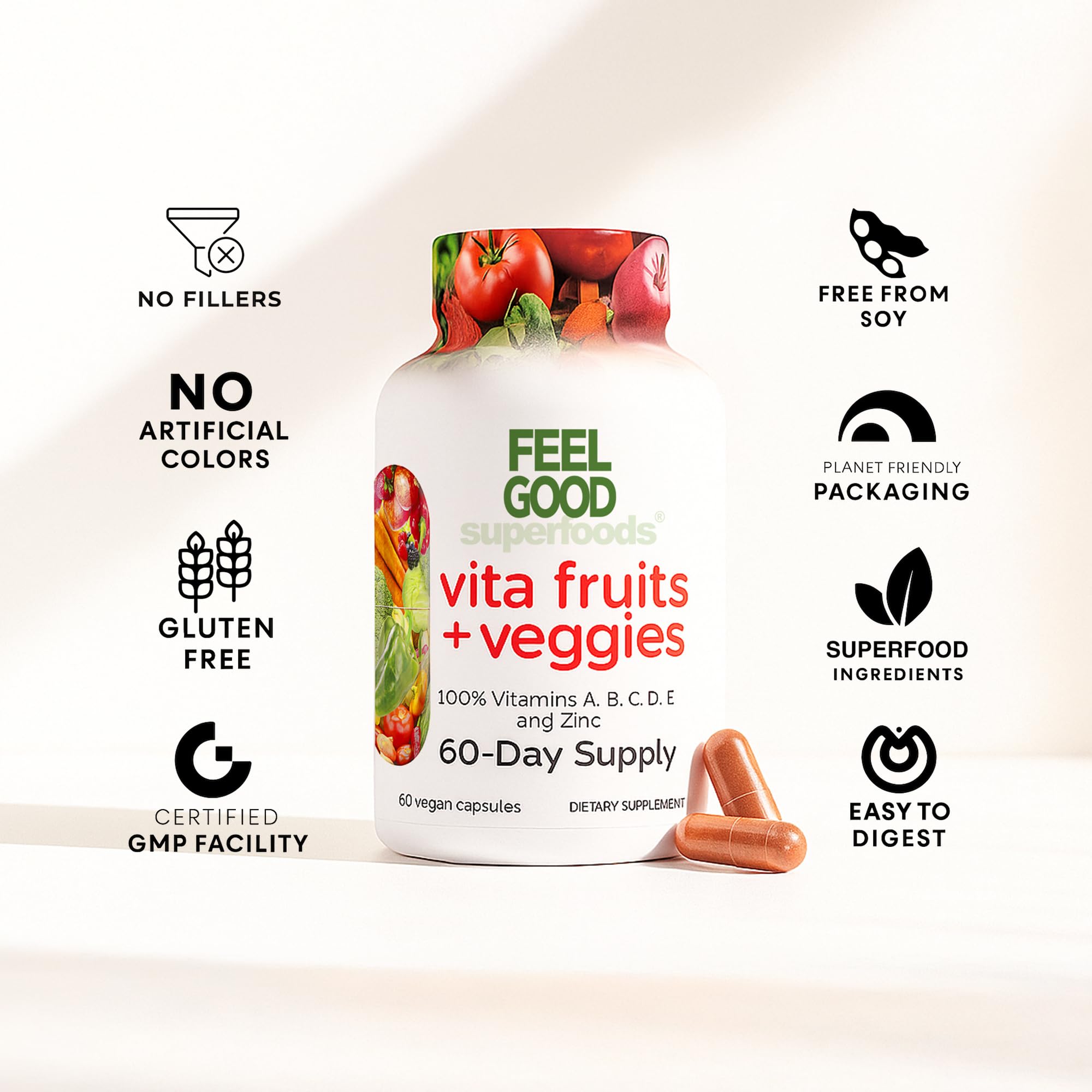 FeelGood Vita Fruits & Veggies Capsules – 25 Superfood Ingredients Multivitamin, 60 Count for Men & Women