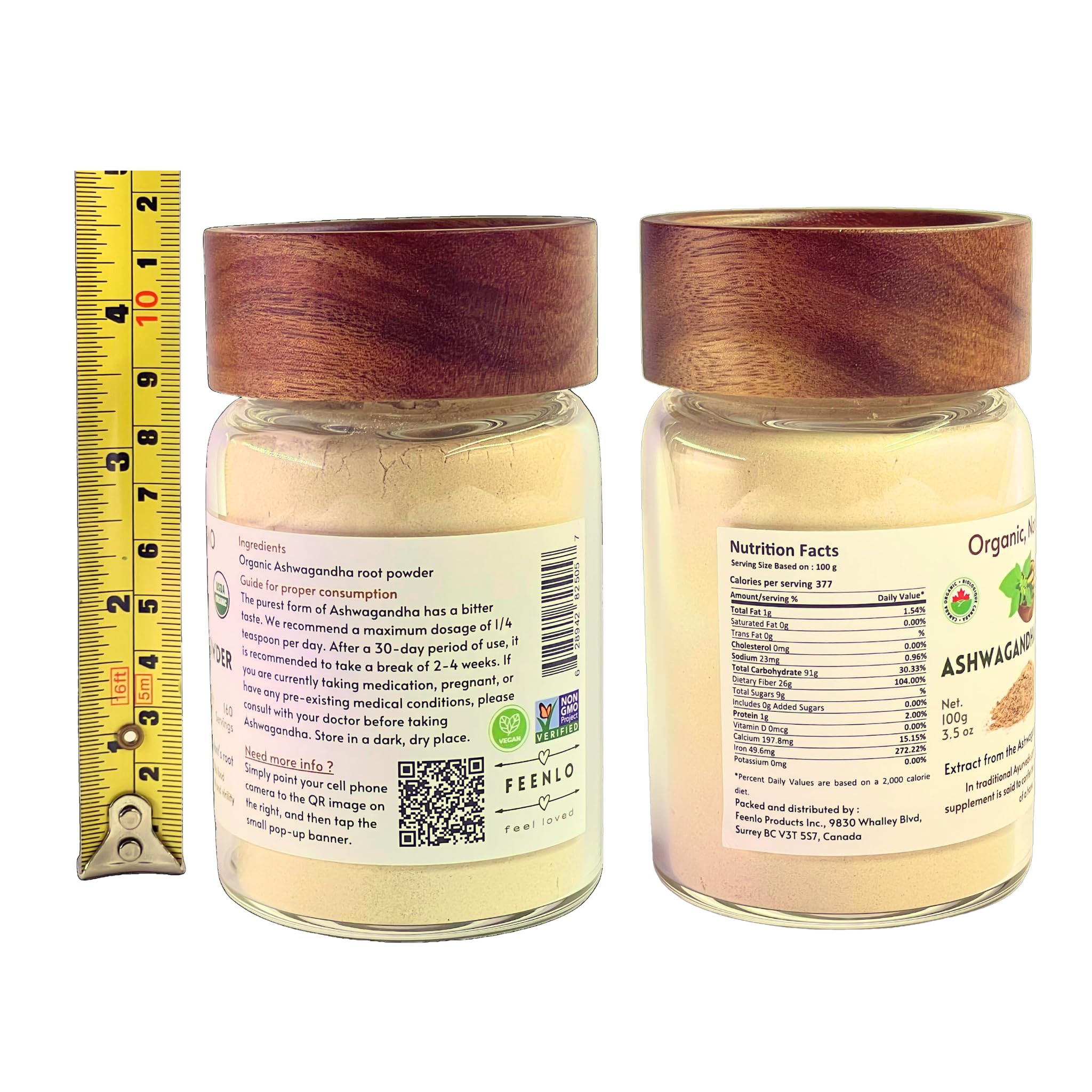 Feenlo Pure Organic Ashwagandha Root Powder in a Glass Jar – Non-GMO | 100g | Best Before Mar 31, 2027